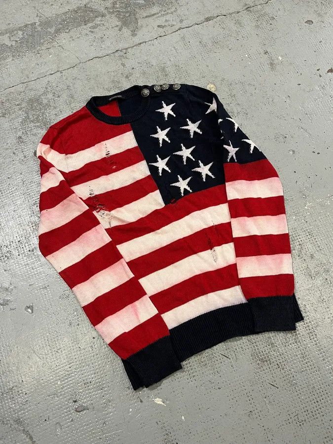 Balmain SS2016 Balmain USA Flag Distressed Buttoned Sweater Size US S / EU 44-46 / 1 - 4 Thumbnail