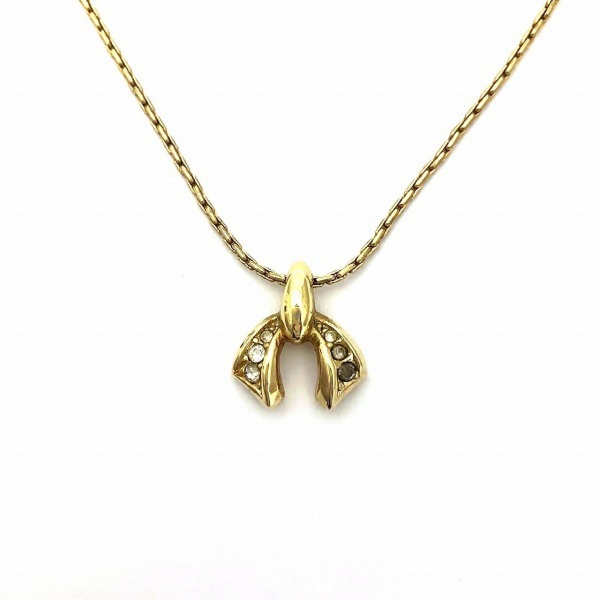 image of Christian Dior Dior Rhinestone Ribbon Motif Brand Accessories Necklace Women's in Gold