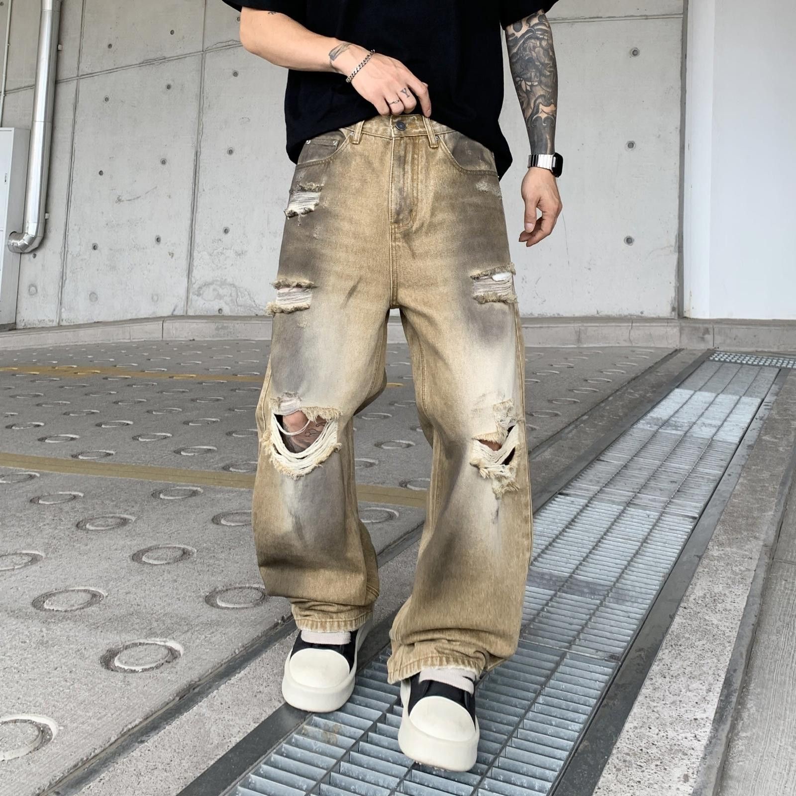 Japanese Brand Beige Distressed Baggy Denim Jeans, Wide Leg Ripped Jeans Size US 32 / EU 48 - 2 Thumbnail