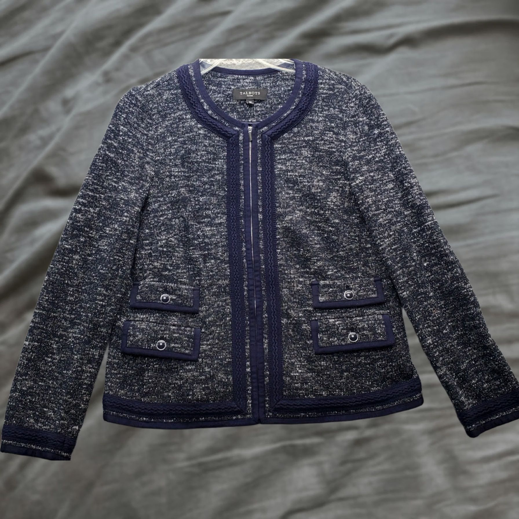 Talbots Talbots Cardigan Womens 12P Multi Boho Lace Trim Four Flap Pockets Full Zipper Shirt Womens Size: 12P Multicolor Cardigan Casual Formal Jacket Size XL / US 12-14 / IT 48-50 - 1 Thumbnail