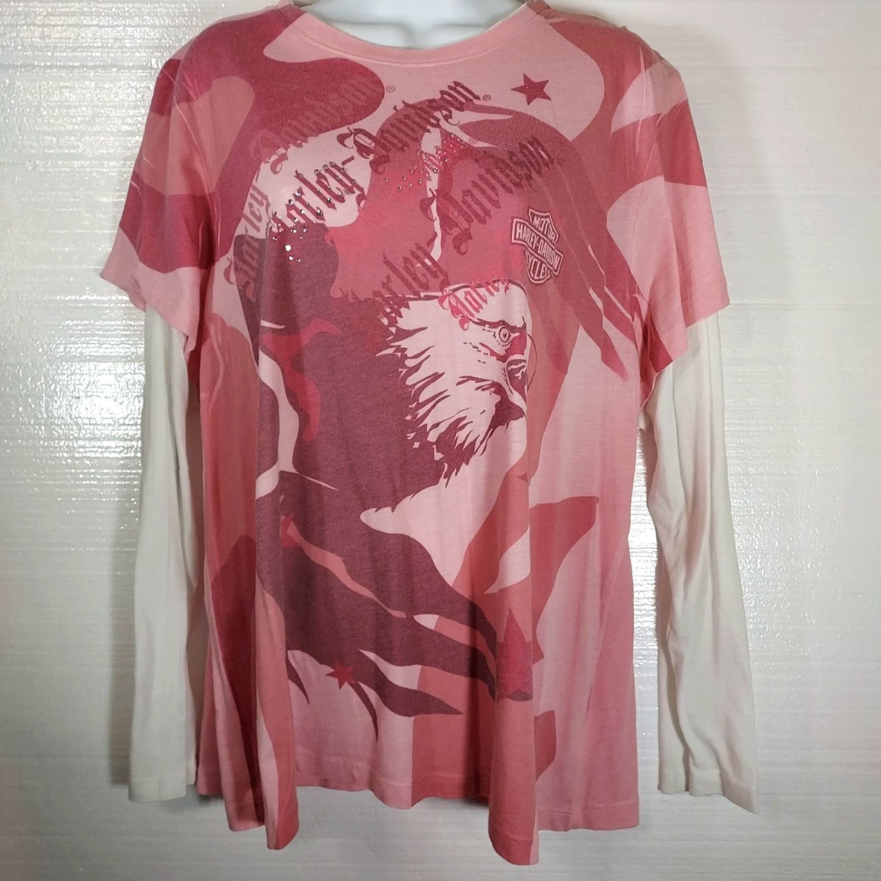 Harley Davidson Harley-Davidson Womens T-Shirt 1W Pink & White Long Sleeve Rhinestones Size XS / US 0-2 / IT 36-38 - 2 Thumbnail