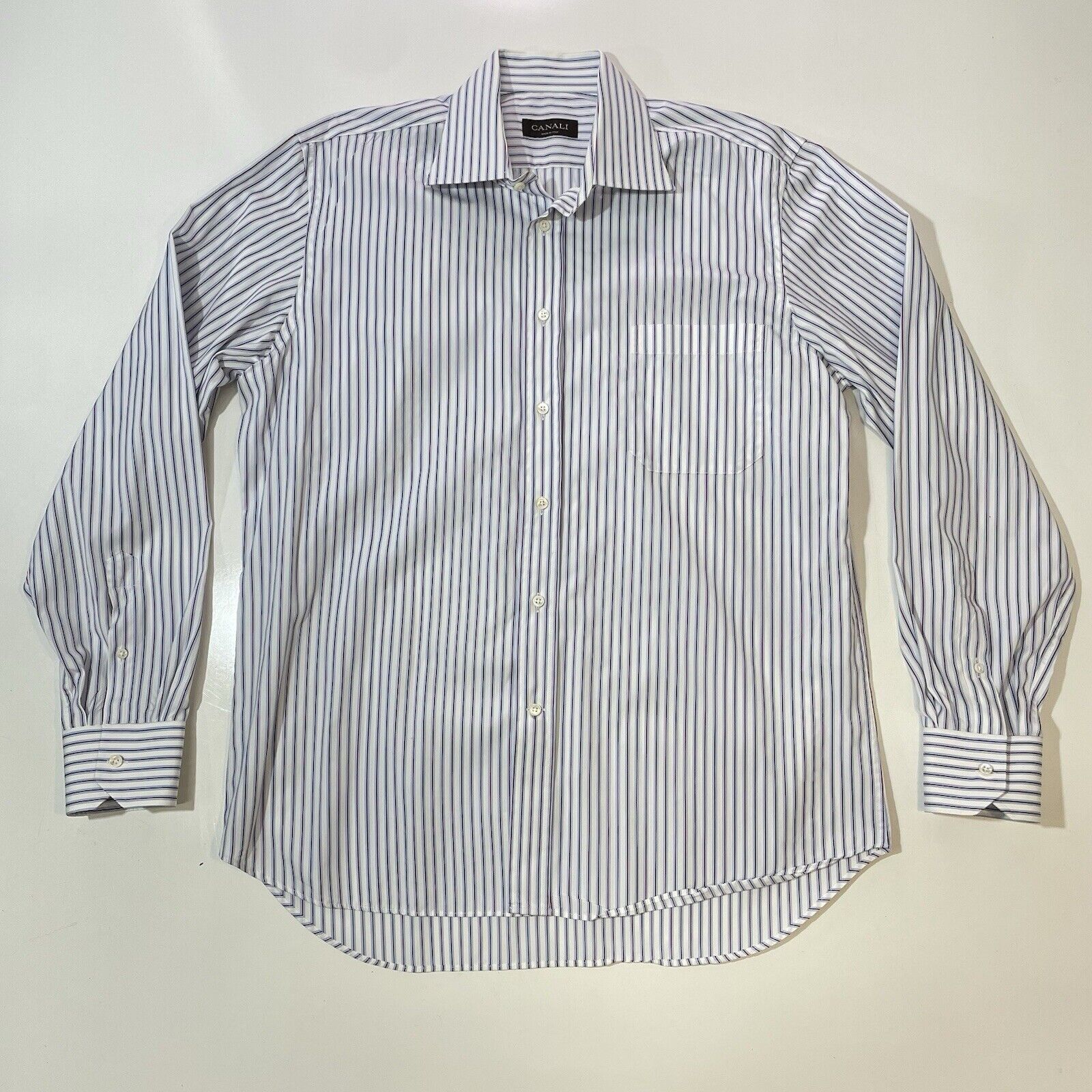 Canali Canali Dress Shirt Men’s 16-41 White Purple/Blue Stripe Size US L / EU 52-54 / 3 - 1 Thumbnail