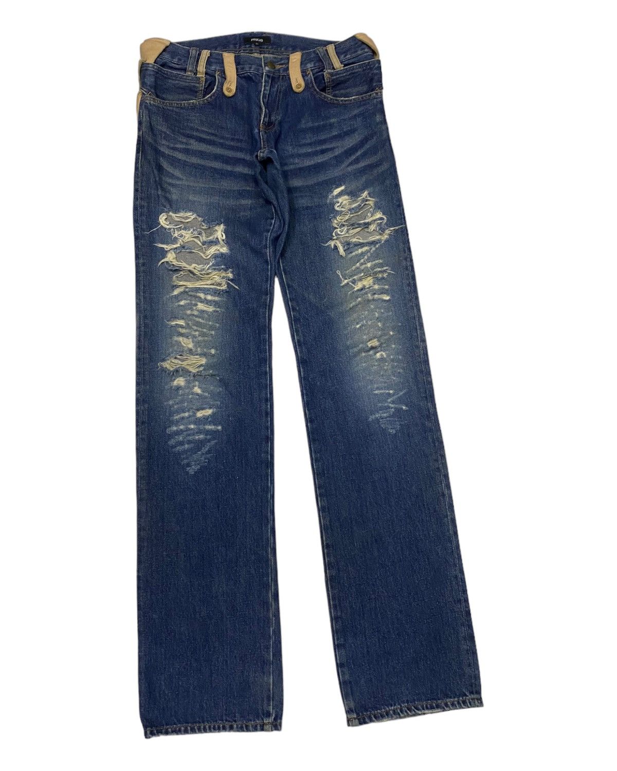 If Six Was Nine 🔥RARE PRIGS DISTRESSED DENIM LEATHER WAIST PART JEANS Size US 32 / EU 48 - 3 Thumbnail