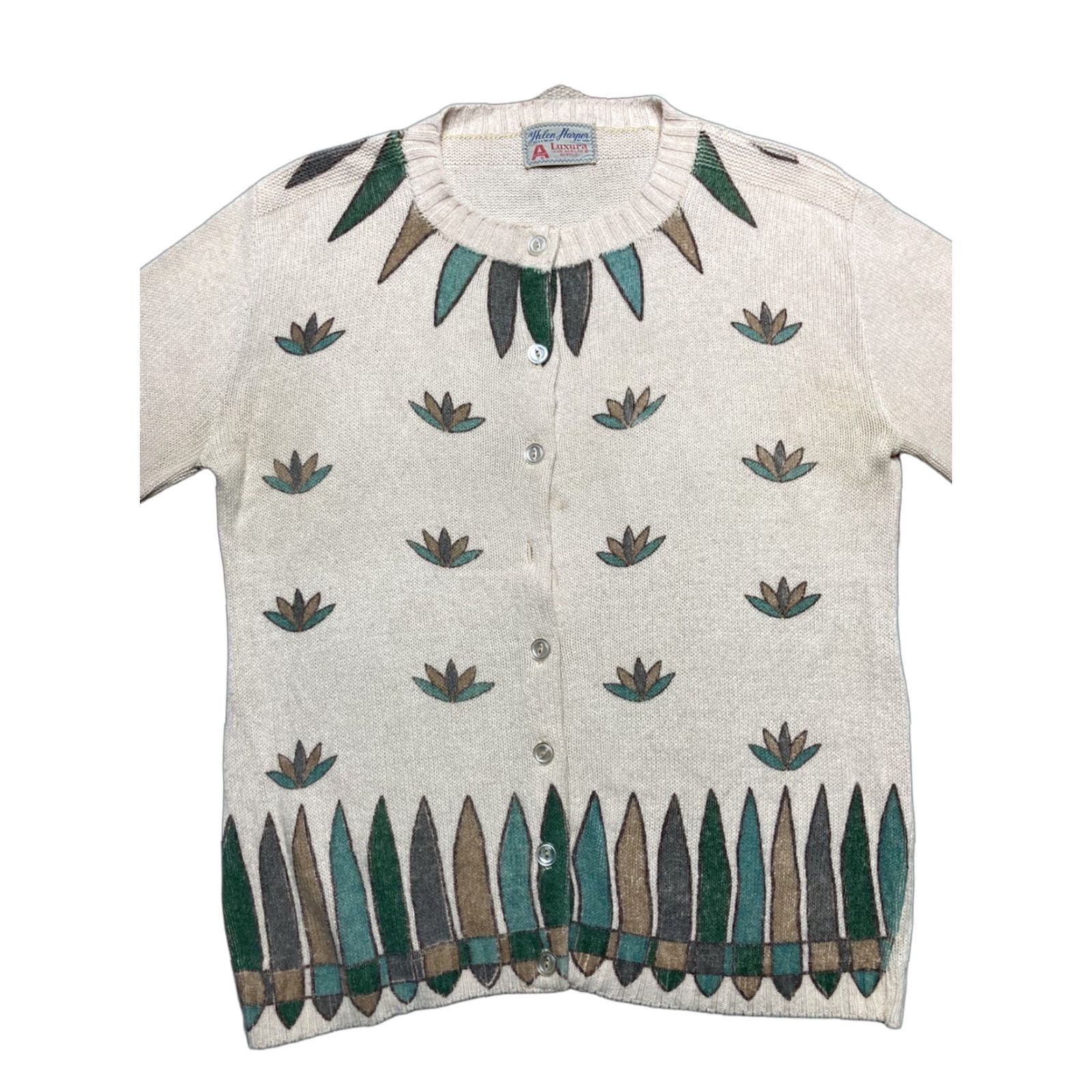 Vintage VINTAGE 1950s 60s acrylic knit sweater floral hand painted style large cardigan Size L / US 10 / IT 46 - 1 Thumbnail