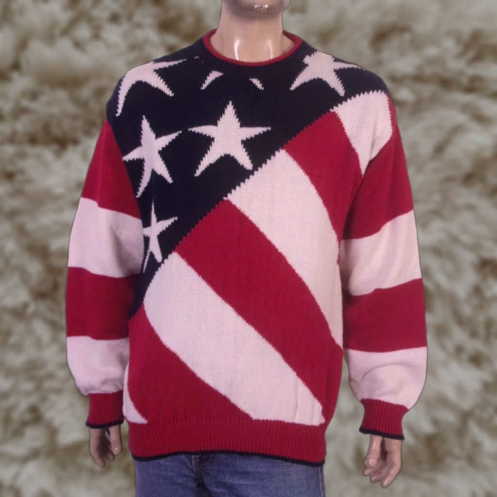 VINTAGE Old Glory Sweater Shirt Men L Crew US Flag 90s Patriotic Knit Cotton Red White Blue