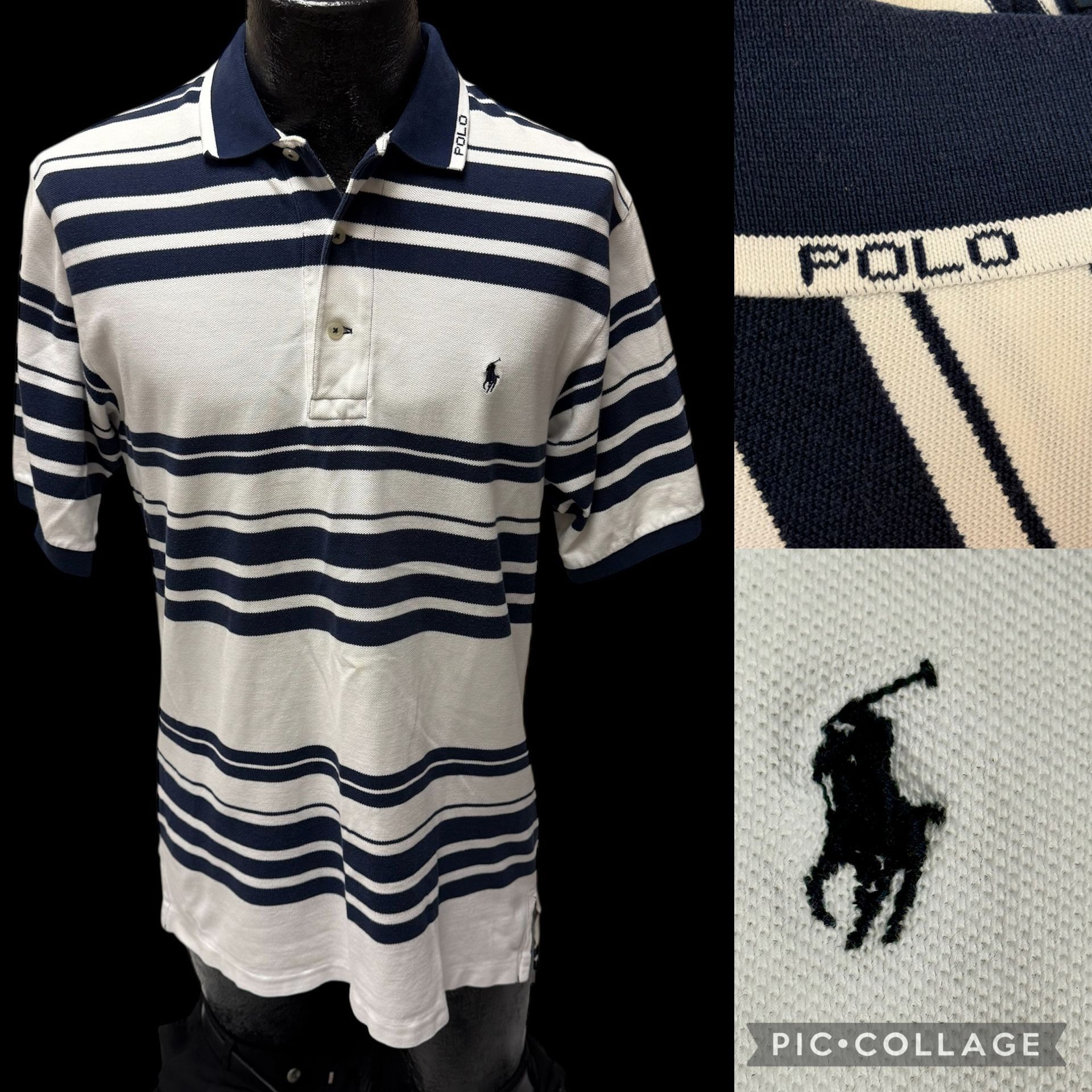 Polo Ralph Lauren Y2K White Blue STRIPE Polo SPELLOUT Pony Logo Golf Shirt M Size US M / EU 48-50 / 2 - 1 Thumbnail