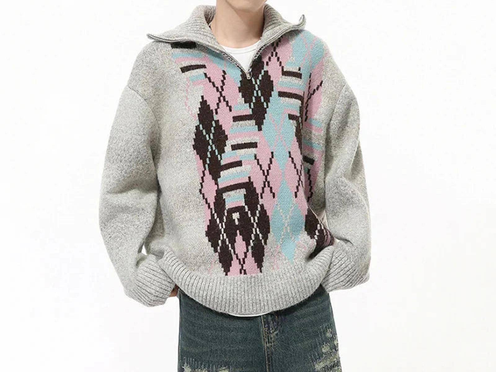 Japanese Brand Pixel Argyle Zip Neck Sweater Size US M / EU 48-50 / 2 - 1 Thumbnail