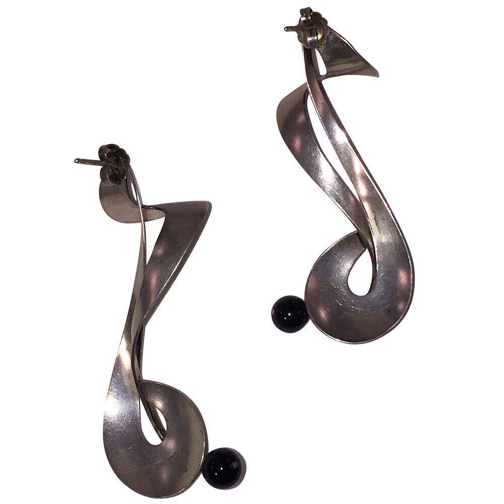 Handmade Signed Figural Sterling Silver Black Onyx Bead Earrings Size ONE SIZE - 4 Thumbnail