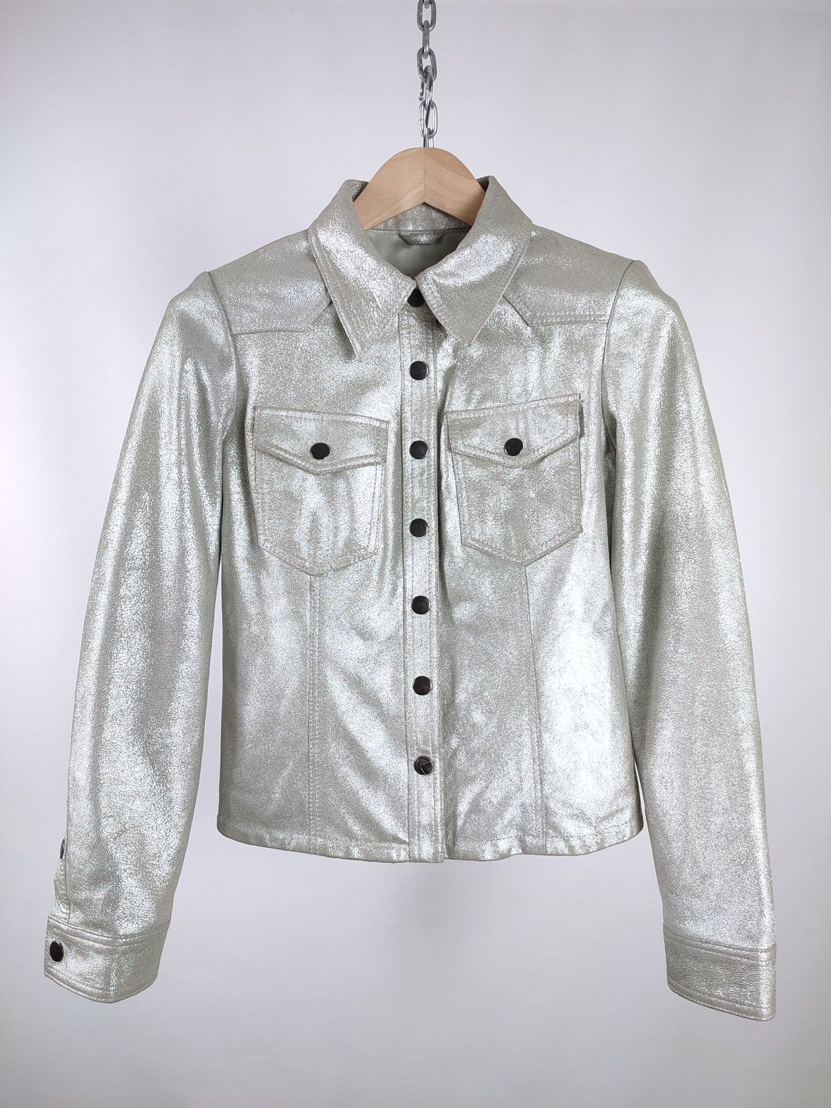 Genuine Leather Goosecraft Crackle Silver Astro Leather Jacket-Shirt Size S / US 4 / IT 40 - 3 Thumbnail