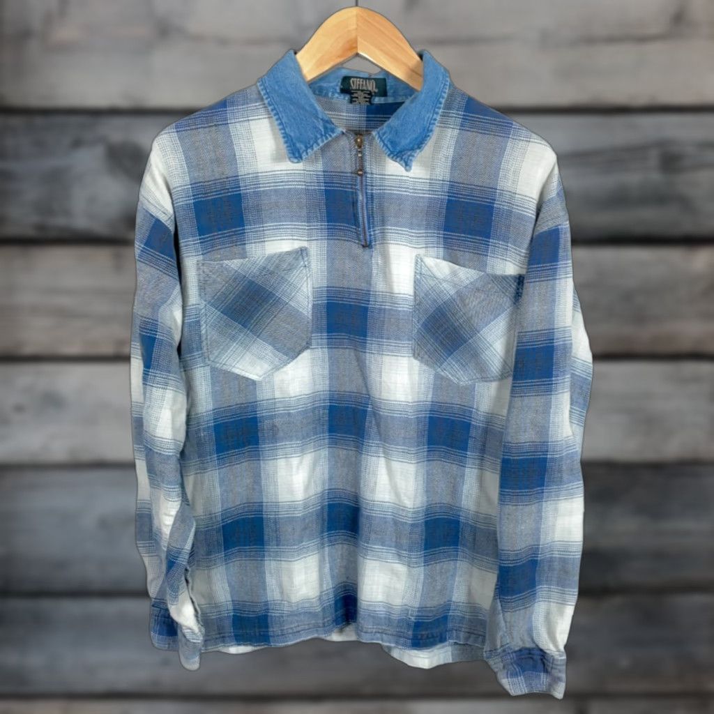 Vintage VINTAGE Stefano Man 1/4 Zip Flannel Shirt Mens XL Blue Shadow Plaid Denim Collar Size US XL / EU 56 / 4 - 1 Thumbnail