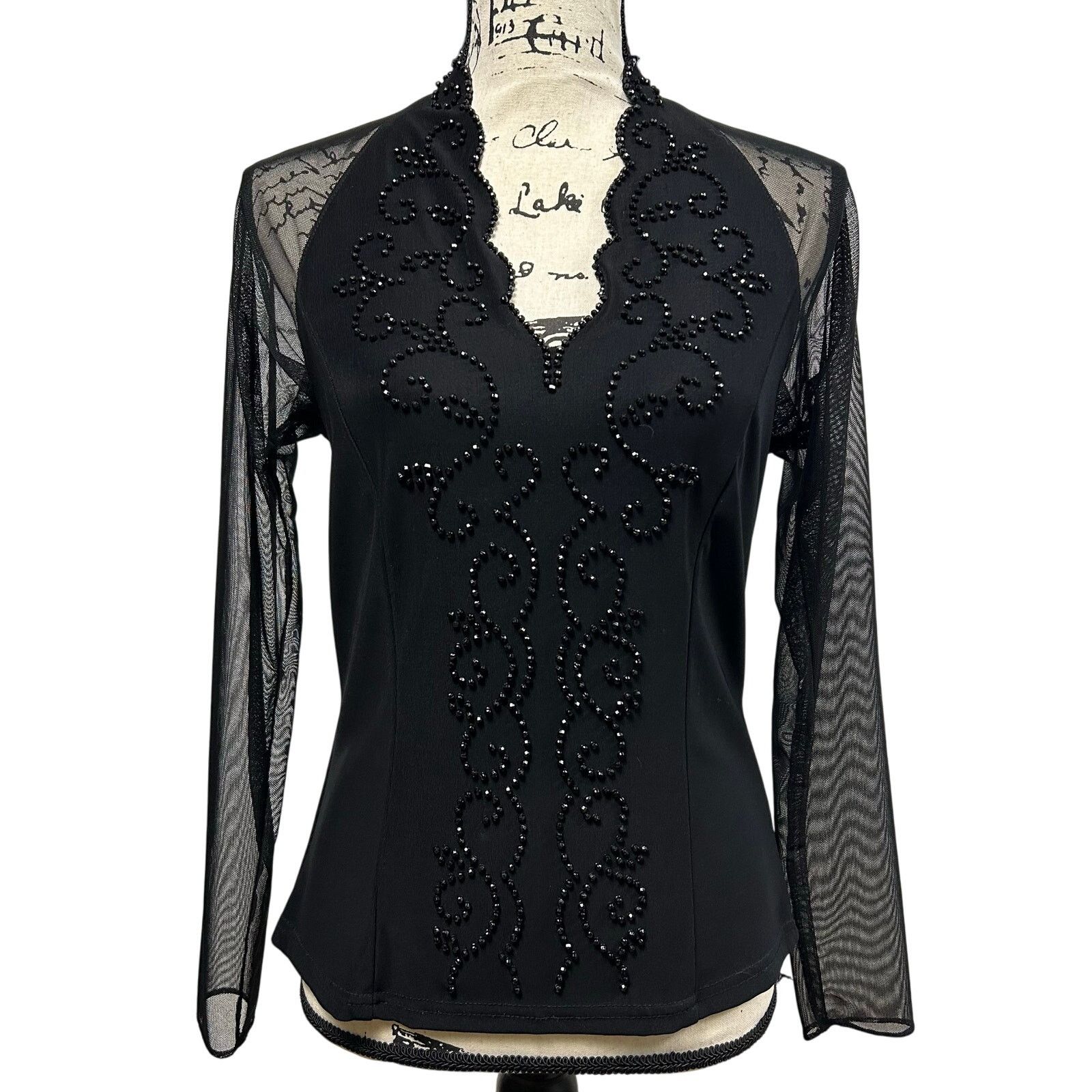 Vintage Vintage Beaded Blouse Black Sheer Long Sleeve V-Neck Size M / US 6-8 / IT 42-44 - 1 Thumbnail