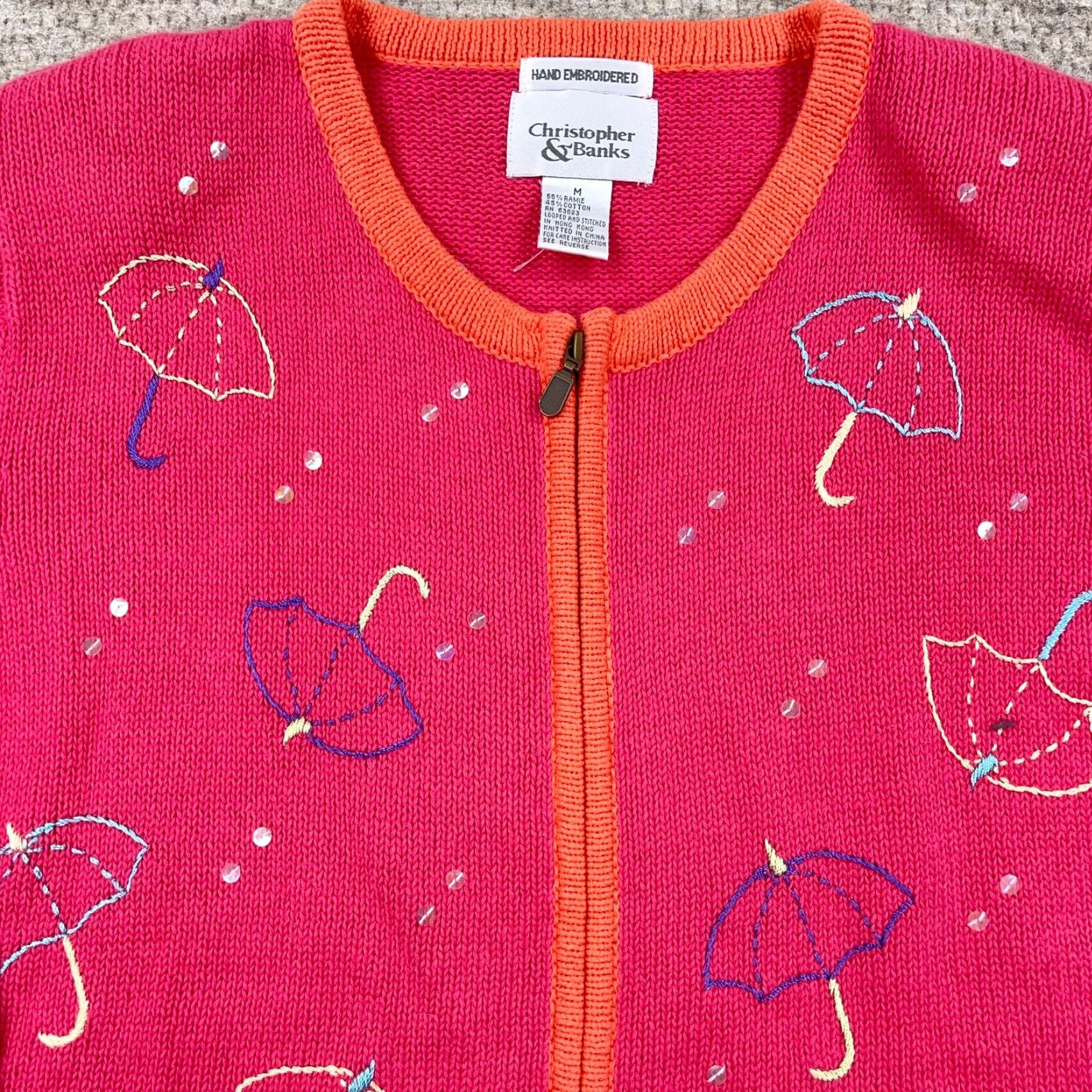 Vintage VINTAGE Christopher & Banks Cardigan Sweater Women M Pink Umbrella Full Zip Geometric Knit Pattern 90s/Classic Indoor Outdoor Casual Size M / US 6-8 / IT 42-44 - 2 Thumbnail