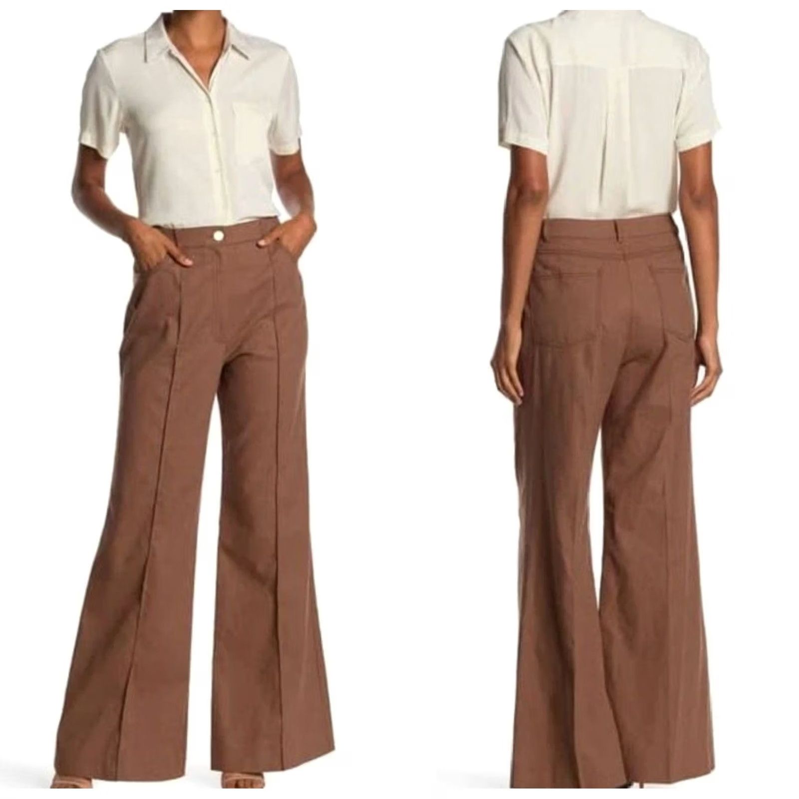 Vintage kate spade new york Women’s Basketweave Flare Pants Brown 34" Inseam Size 10 Regular Rise 12.5" Dry Clean Cotton Wool Elastane Brown Womens Pants Size 32" / US 10 / IT 46 - 6 Thumbnail