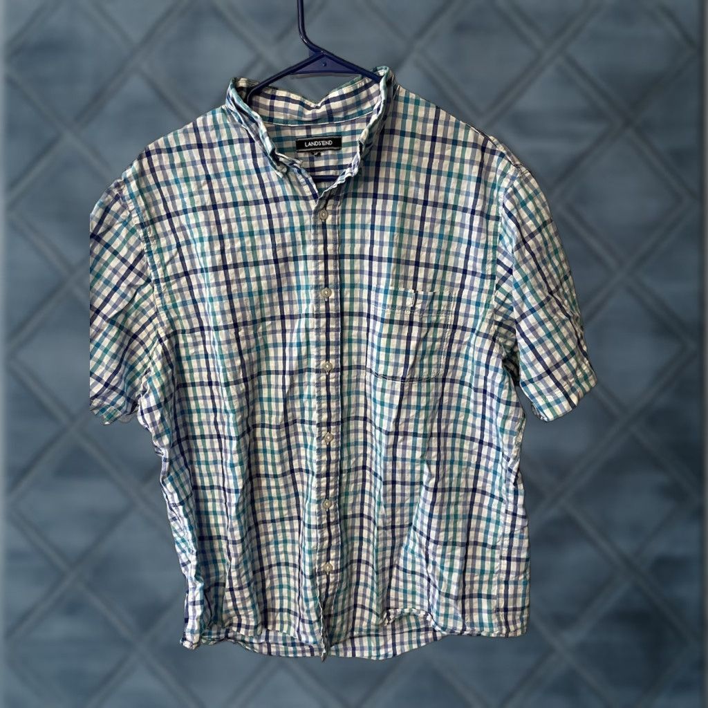 Lands' End VINTAGE Lands' End Button-Down Shirt Men Large Blue Gingham Short Sleeve 16.5" Plaid Casual Cotton Mens Size US L / EU 52-54 / 3 - 1 Thumbnail
