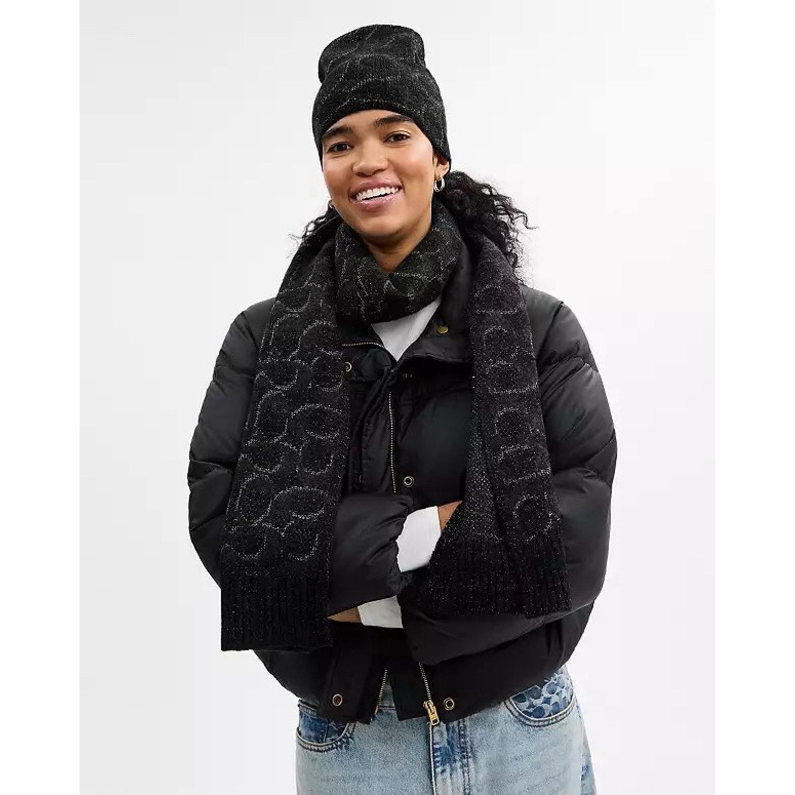 Coach NEW COACH Signature Metallic Beanie Muffler Set CCT69 Black Size ONE SIZE - 7 Thumbnail