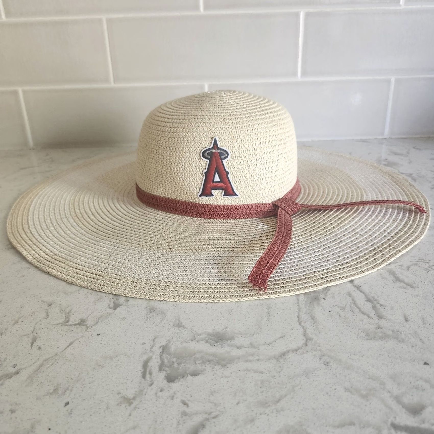 MLB Timeless Skin Care MLB LA Anaheim Angels Ladies Beige Straw Wide Brim Sun Hat Boho Baseball Logo Red Band Size ONE SIZE - 2 Thumbnail
