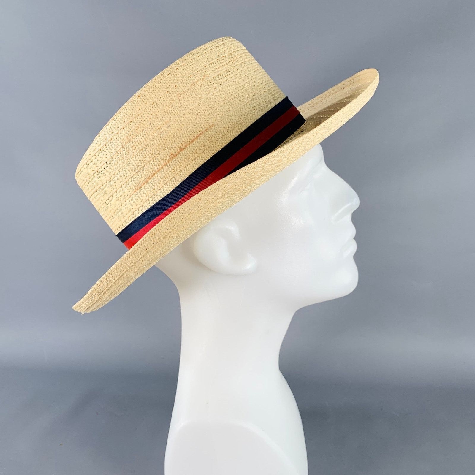 Vintage VINTAGE Size L Beige Navy Red Ribbon Trim Woven Straw Hat Size ONE SIZE - 3 Thumbnail