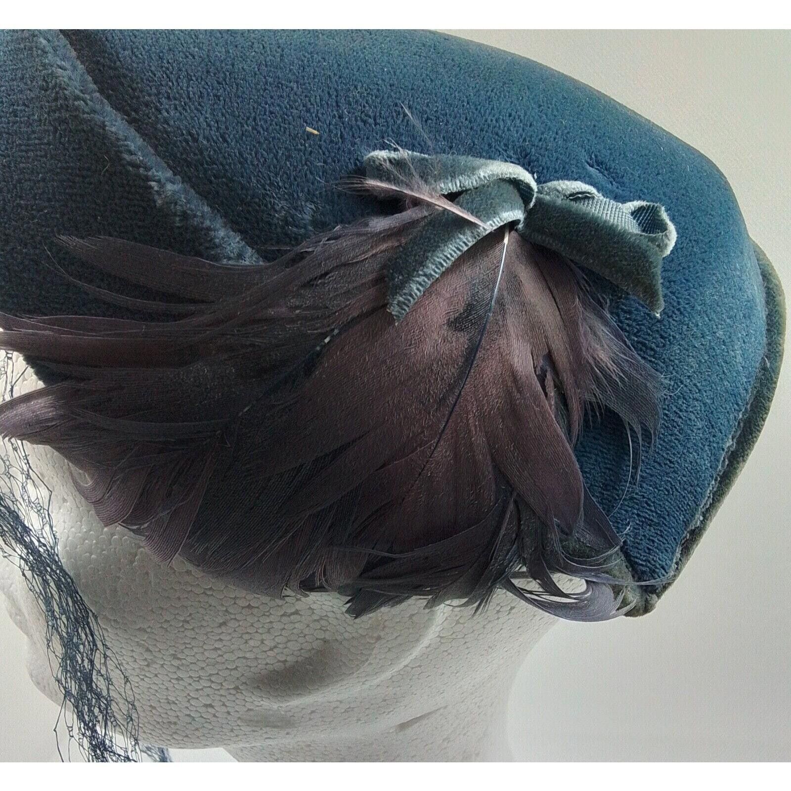 Designer Ladies Blue Felt Hat With Feathers and Light purple Netting Size ONE SIZE - 3 Thumbnail