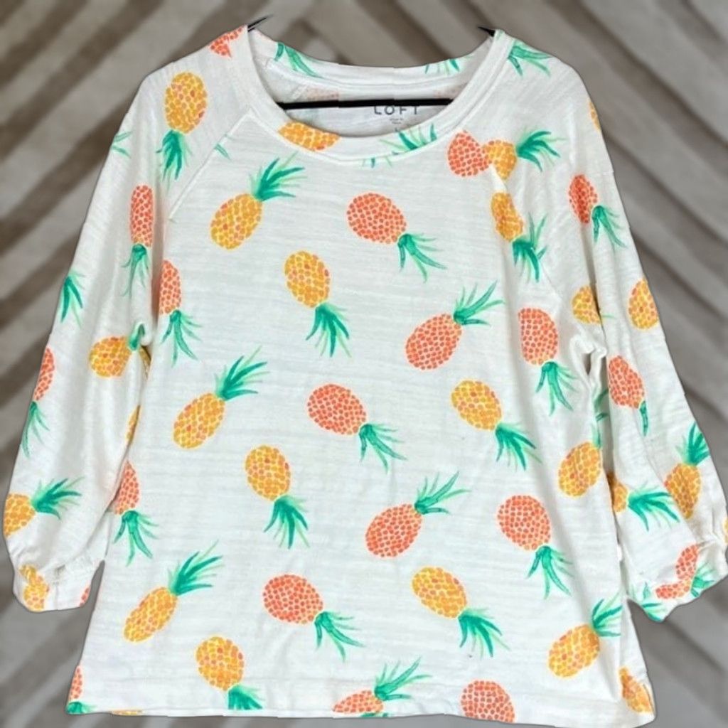 Ann Taylor VINTAGE LOFT Womens Shirt White Pineapple Pattern Long Sleeve 100% Cotton Large Size L / US 10 / IT 46 - 1 Thumbnail
