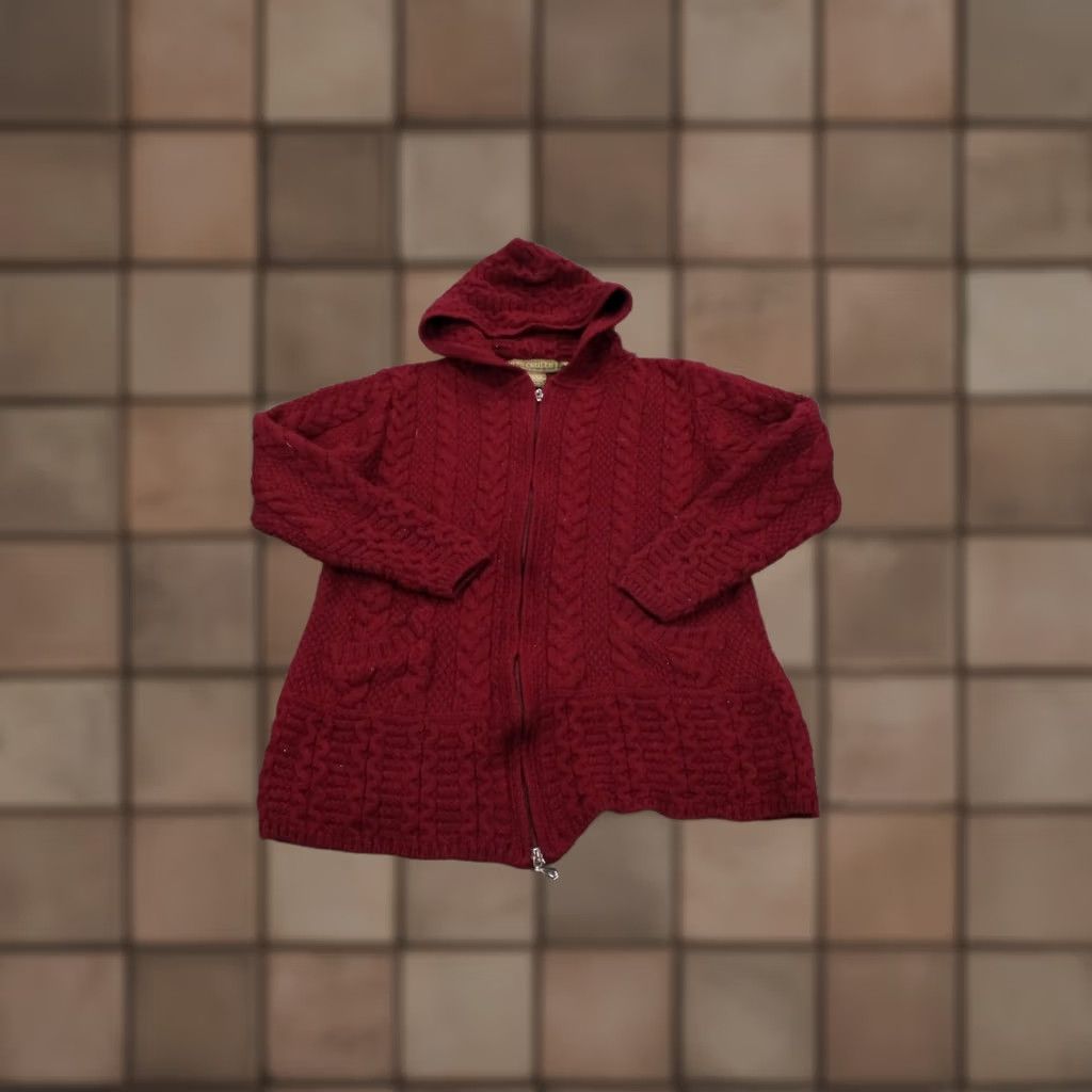Vintage Inis Crafts Sweater Womens S Merino Wool Chunky Cable Knit Ireland Fisherman Cardigan Hooded Pockets Thermal Water Resistant Red Vintage Mens? Size S / US 4 / IT 40 - 1 Thumbnail