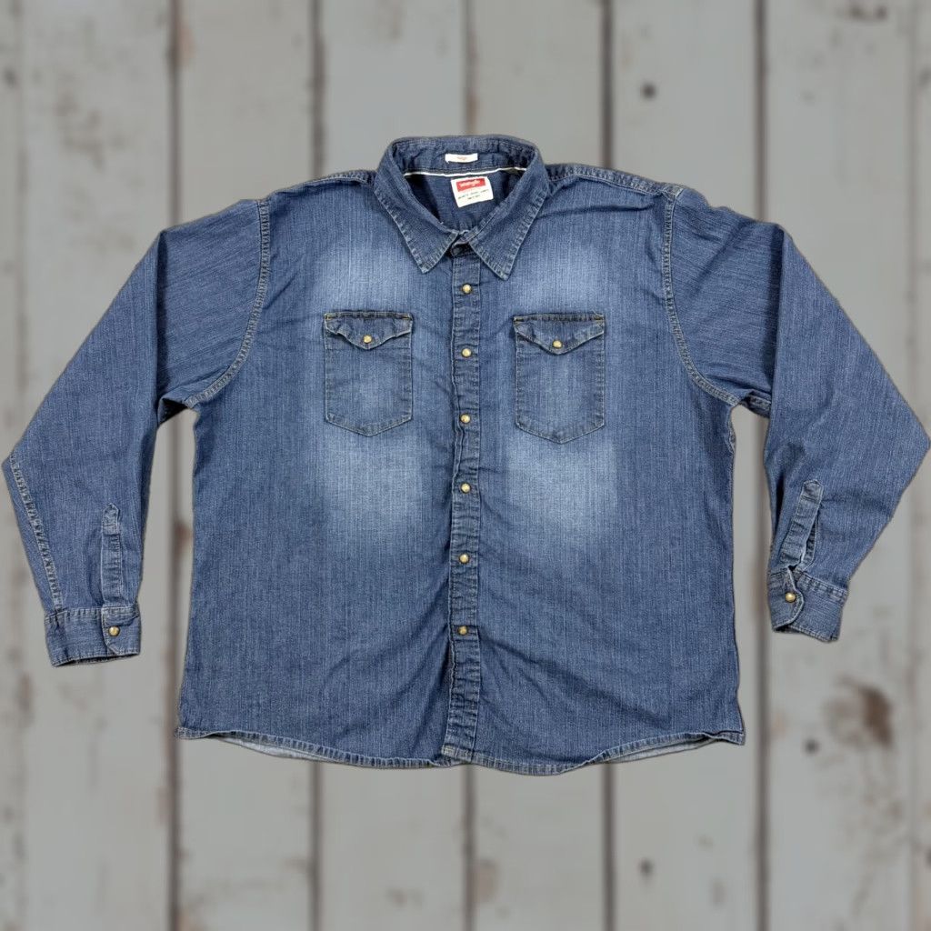 Wrangler Wrangler Shirt Mens 3XL Blue Denim Long Sleeve Pearl Snap Stretch Dark Indigo Category: Button-Up Size US XXL / EU 58 / 5 - 1 Thumbnail