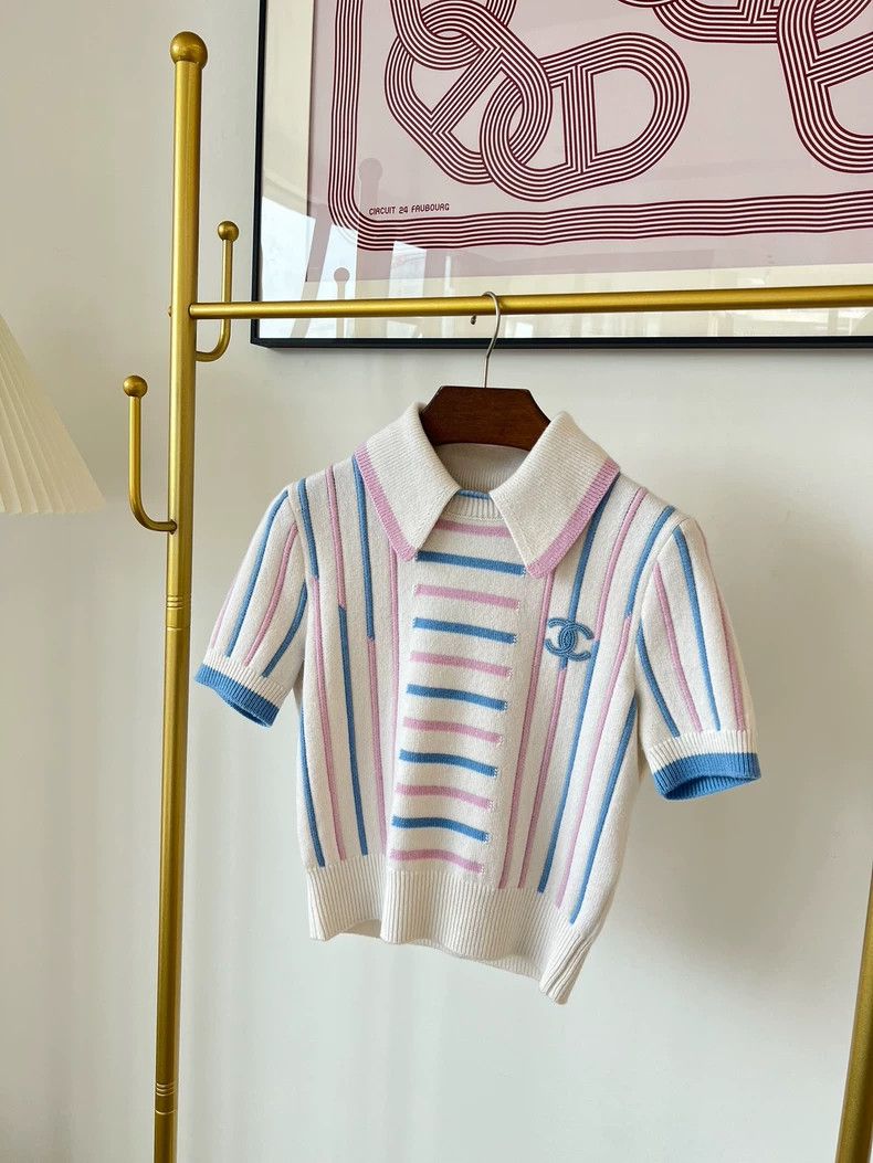 Chanel Chanel Beige striped logo embroidered cashmere lapel short Size XXS / US 00 / IT 34 - 1 Thumbnail