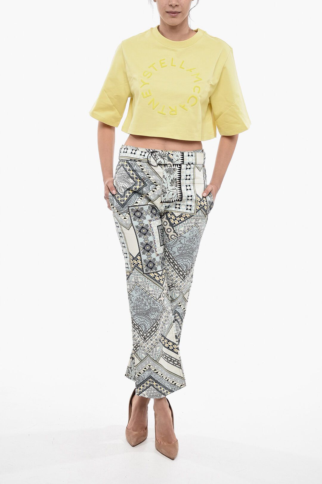 Stella McCartney og1mm0824 Cotton Crop T-Shirt With Flocked Logo in Yellow Size XS / US 0-2 / IT 36-38 - 4 Thumbnail