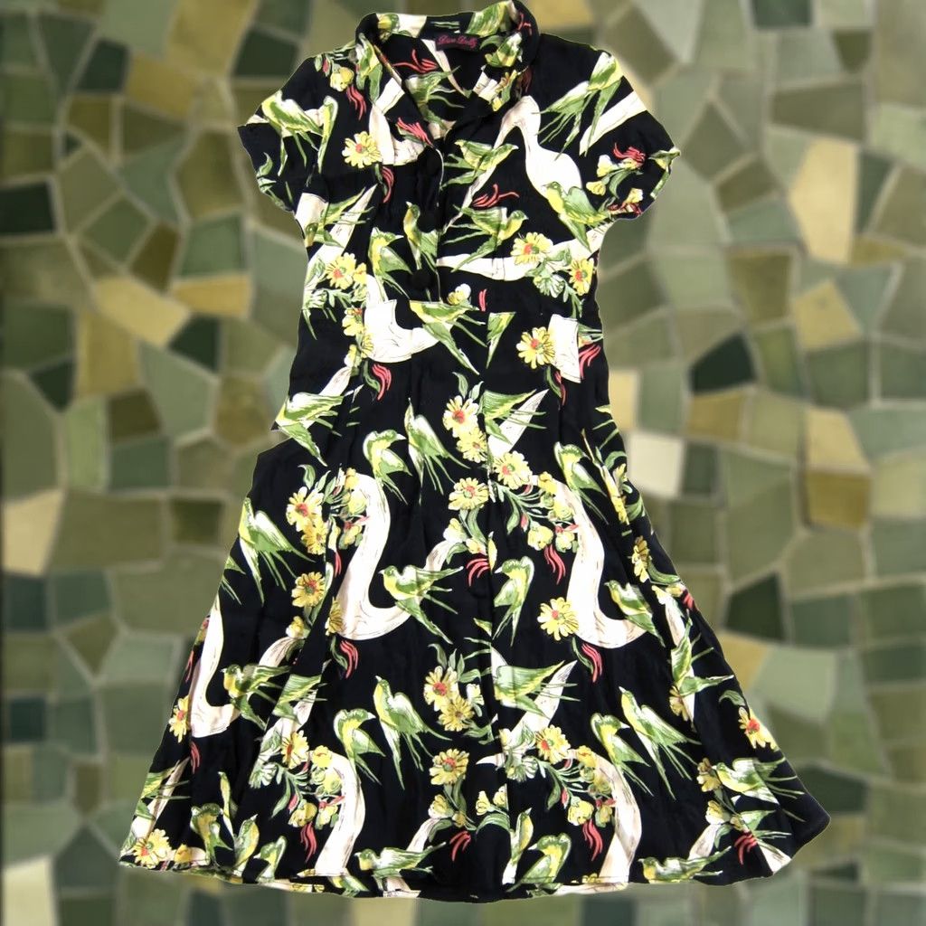 Pinko VINTAGE Diva Dollz Dress Shirt XS Black Floral Midi Short Sleeve Bird Green Purple Pink Bohemian 90s Style Mens Womens Girls Boys Size 26" / US 2 / IT 38 - 1 Thumbnail