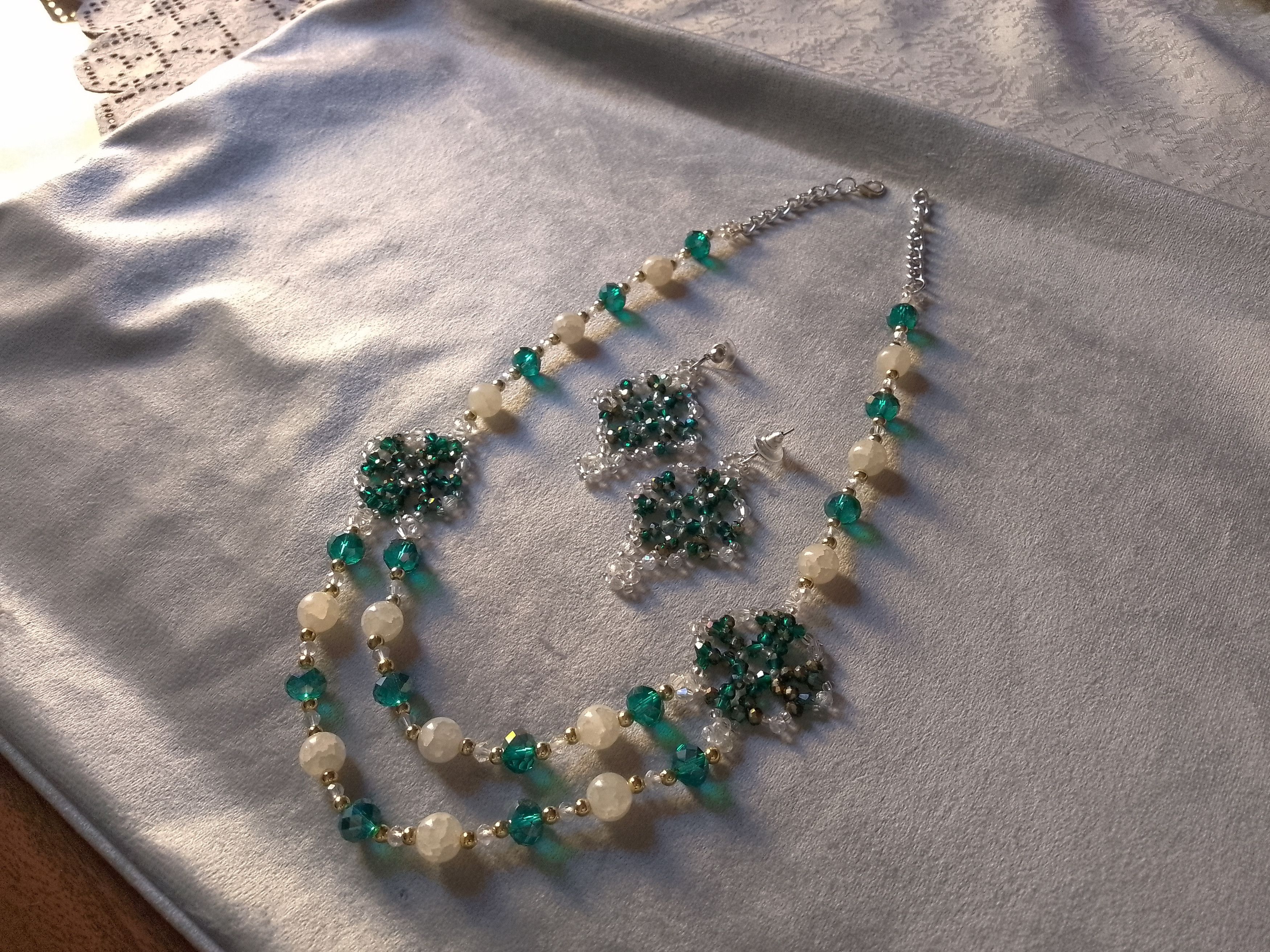 Handmade Necklace Long Green Crystal White Gemstones Earrings Size ONE SIZE - 7 Thumbnail