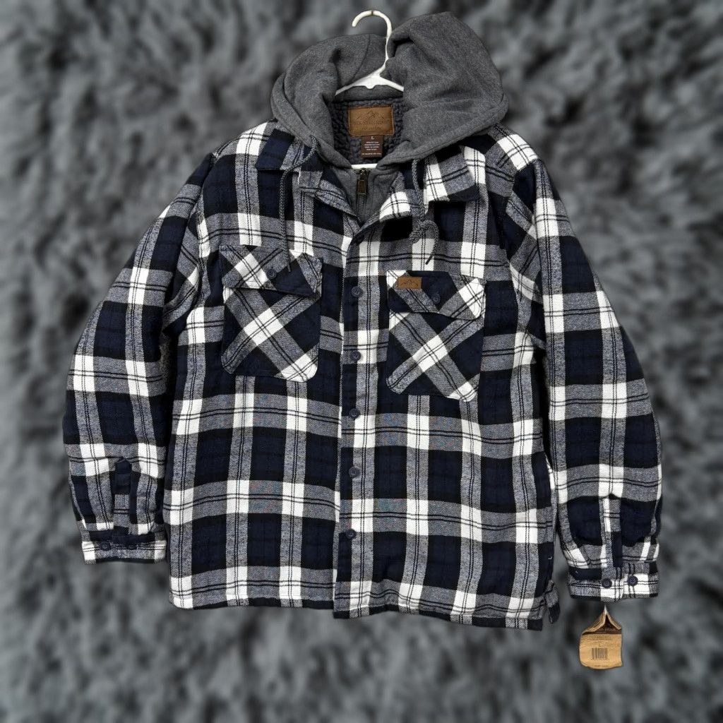 Vintage Mountain Ridge Mens L Navy Plaid Hooded Sherpa Lined Flannel 90s Jacket Hoodie Parka Coat Pattern: Plaid VINTAGE? Size US L / EU 52-54 / 3 - 1 Thumbnail