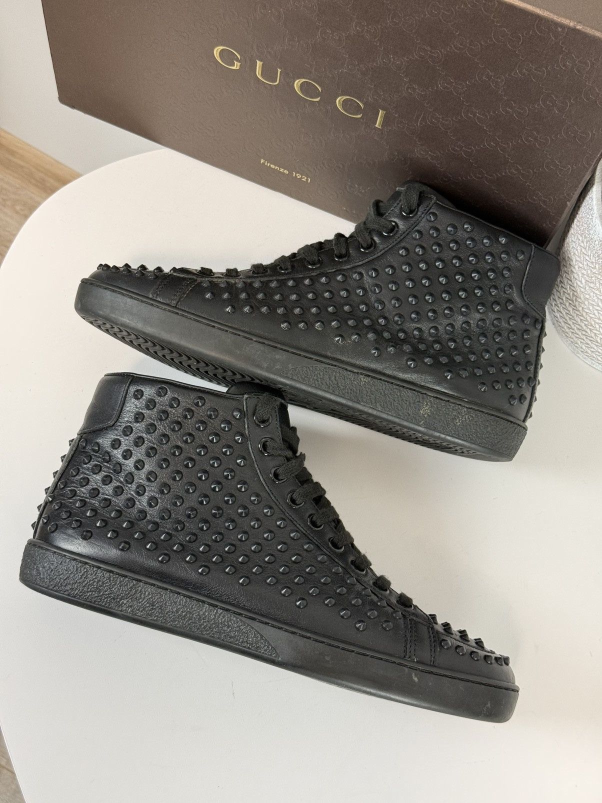 Gucci Gucci Black Leather Studded High-Top Sneakers Size US 7 / IT 37 - 7 Thumbnail