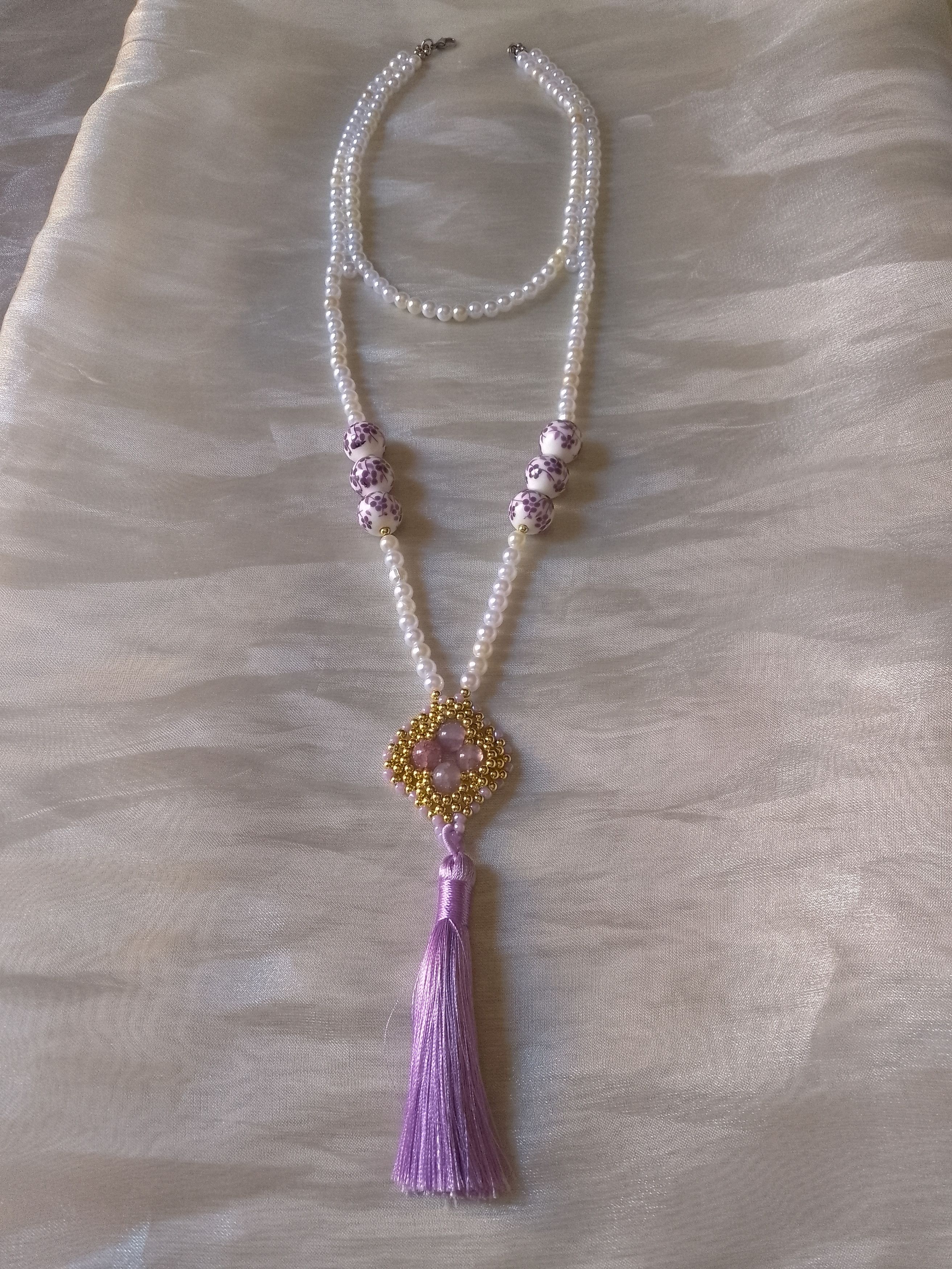 Handmade Long Necklace Porcelain and lepidolite natural gemstones Size ONE SIZE - 5 Thumbnail