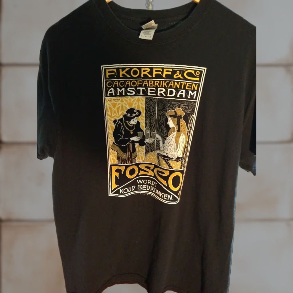 Gildan VINTAGE F. Korff Co. Chocolatiers Amsterdam T-shirt L Black Cotton Graphic Print Mens Shirt 2000s Amsterdam Dutch Power? Size US L / EU 52-54 / 3 - 1 Thumbnail