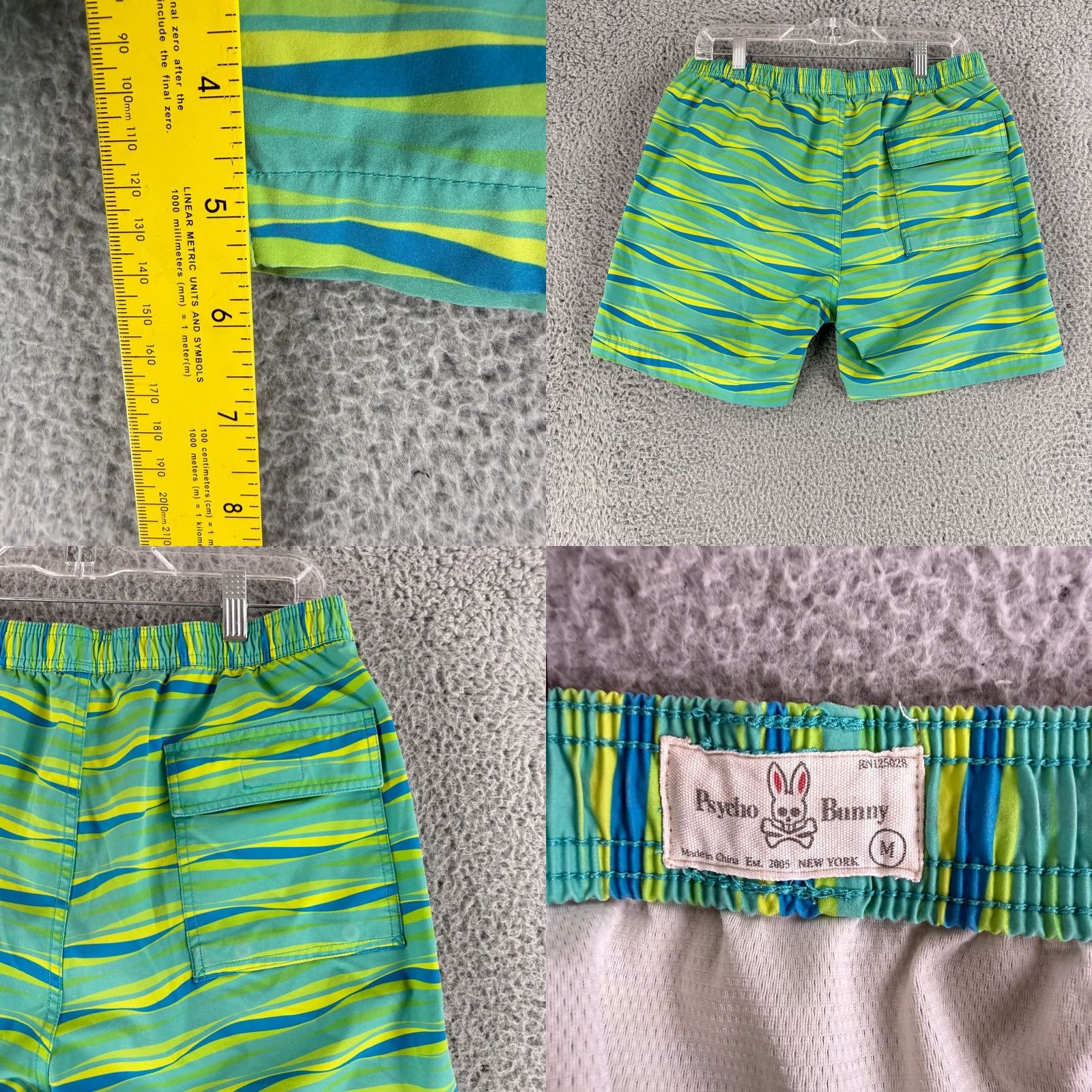 Psycho Bunny Psycho Bunny Swim Trunks Mens Medium Green Wavy Stripe Drawstring Shorts Size US 31 - 8 Thumbnail