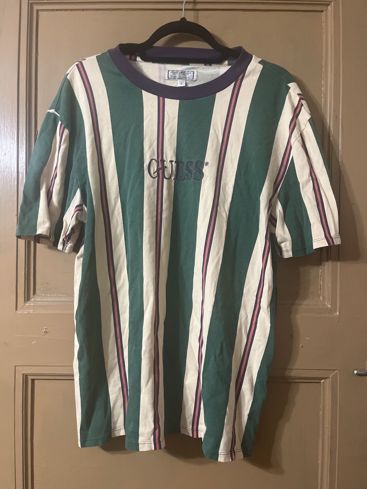 Guess Originals Mens Green Purple Striped Embroidered Tee