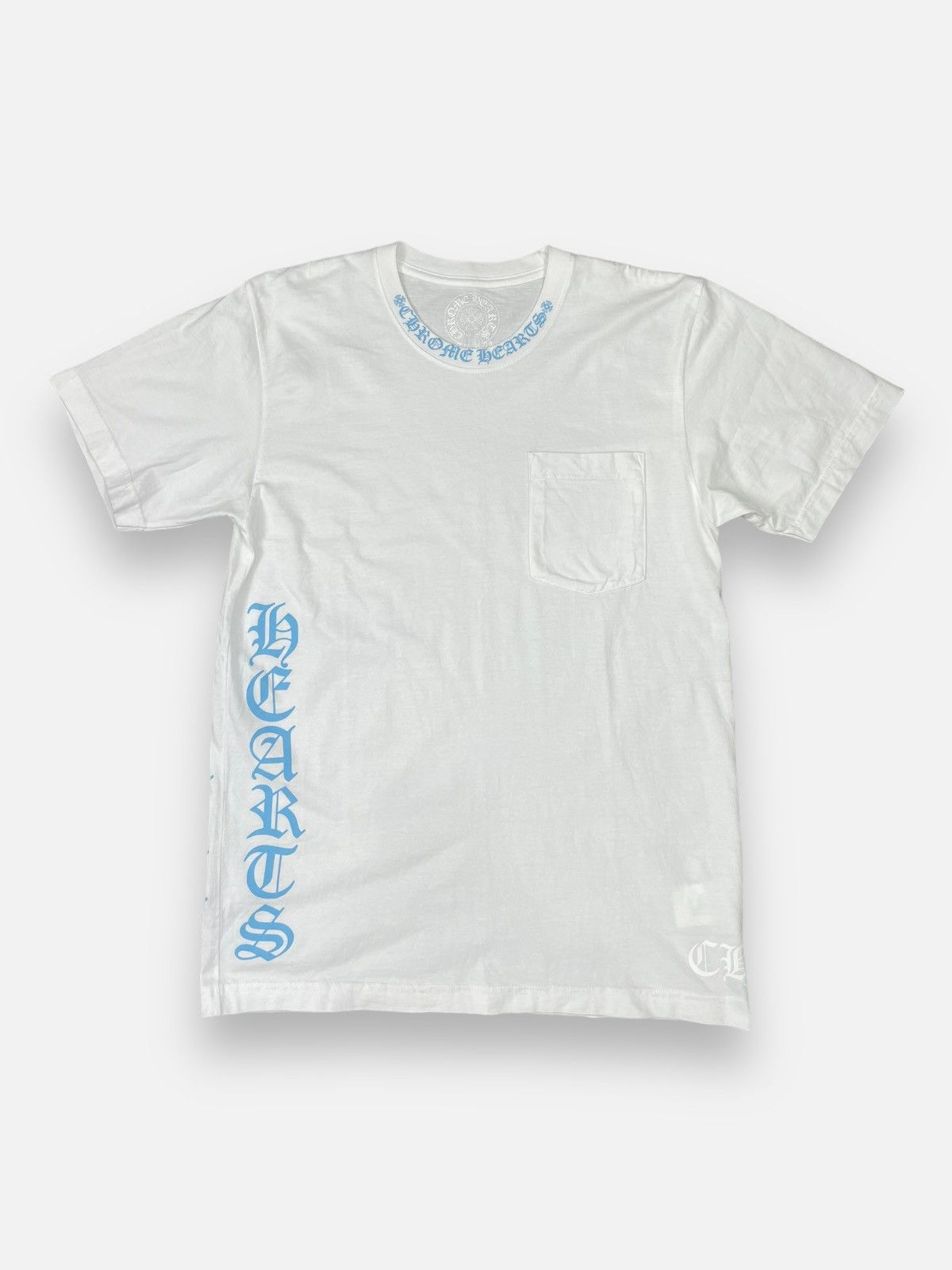 image of Chrome Hearts Blue Script Neck Logo Short Sleeve T-Shirt in White, Men's (Size Medium)