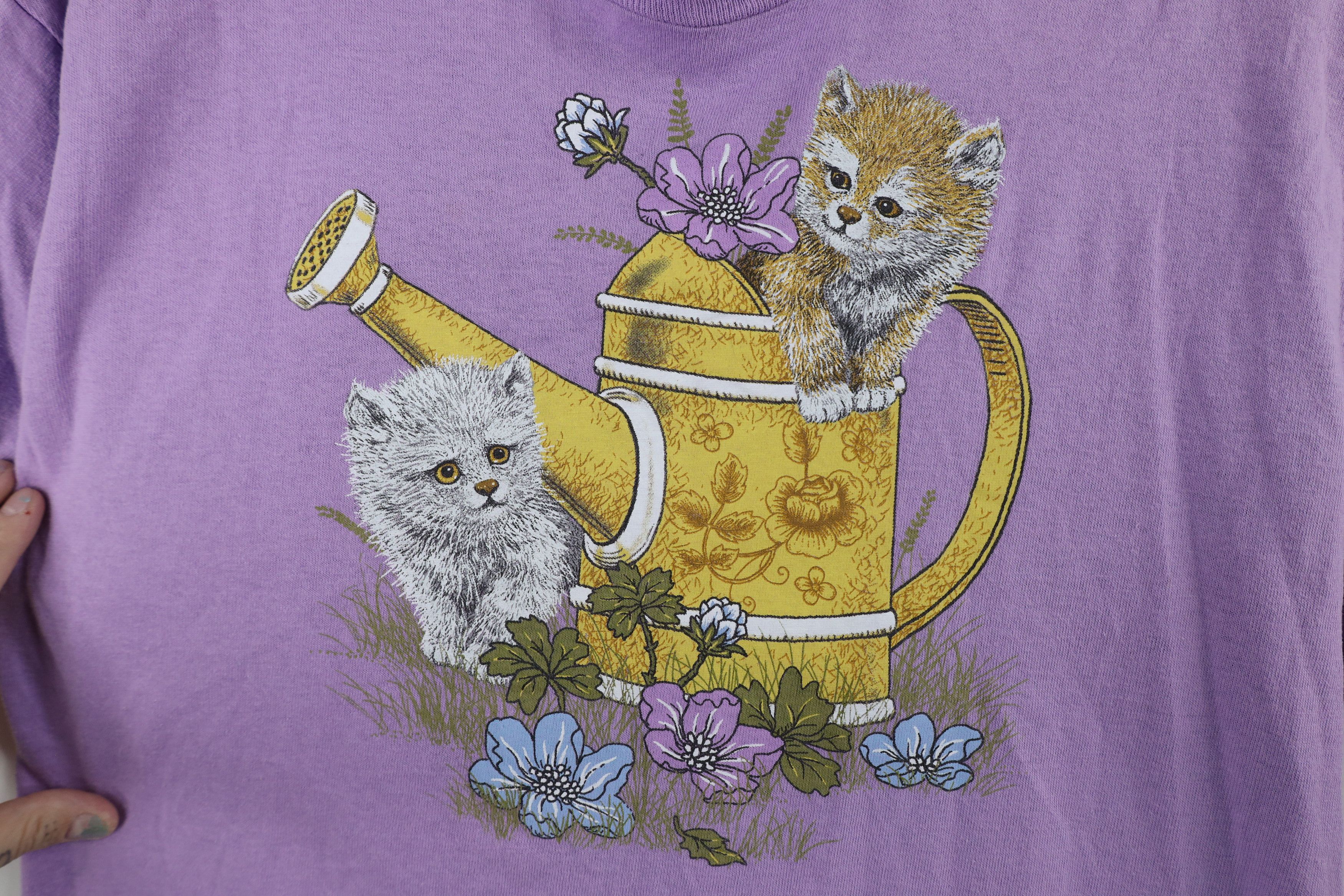 Vintage Vintage 90s Streetwear Kitten Flower Garden T-Shirt Purple Size L / US 10 / IT 46 - 4 Thumbnail