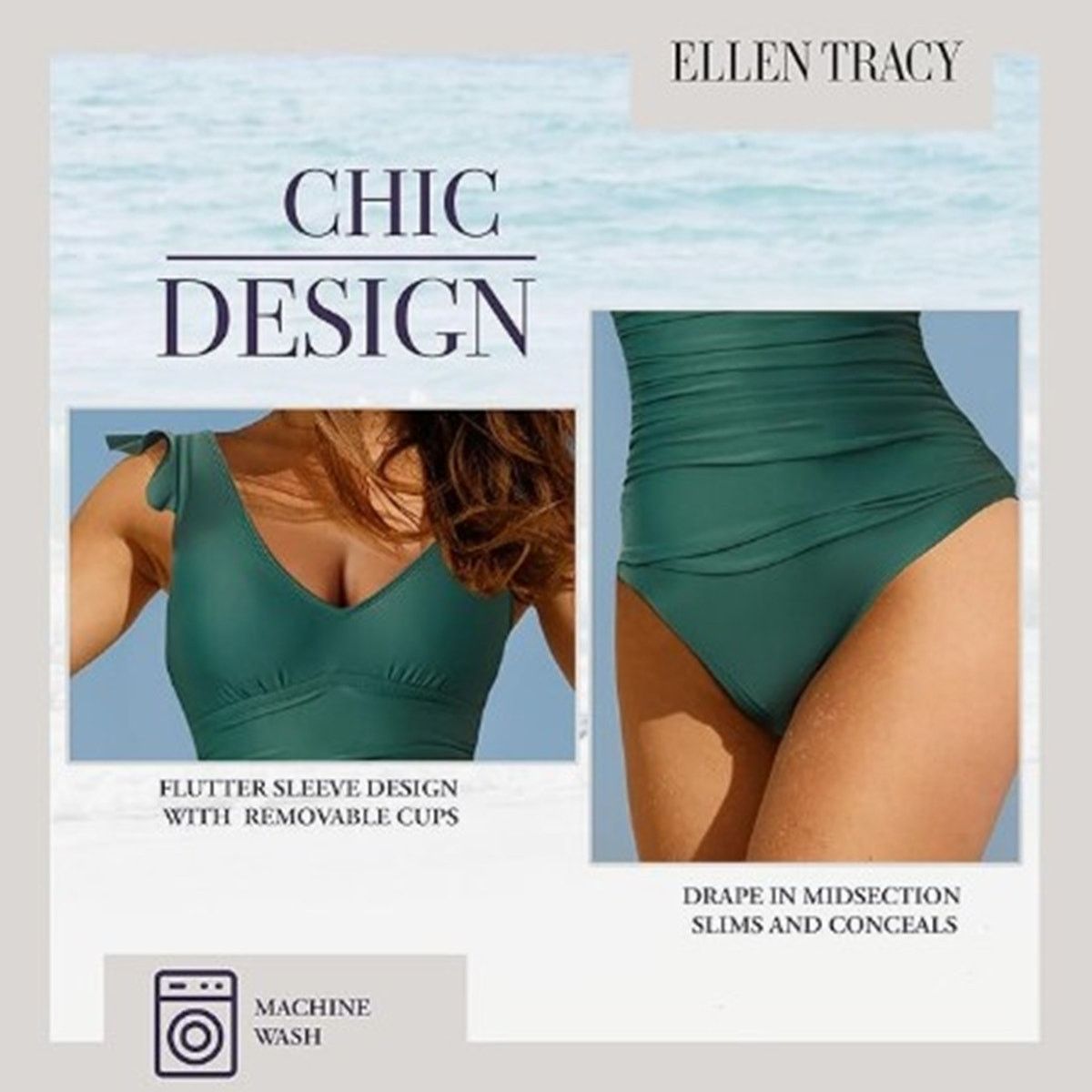 Ellen Tracy ELLEN TRACY Women's Mio One Piece Swimsuit Size 14 Dark Sage Size ONE SIZE - 4 Thumbnail