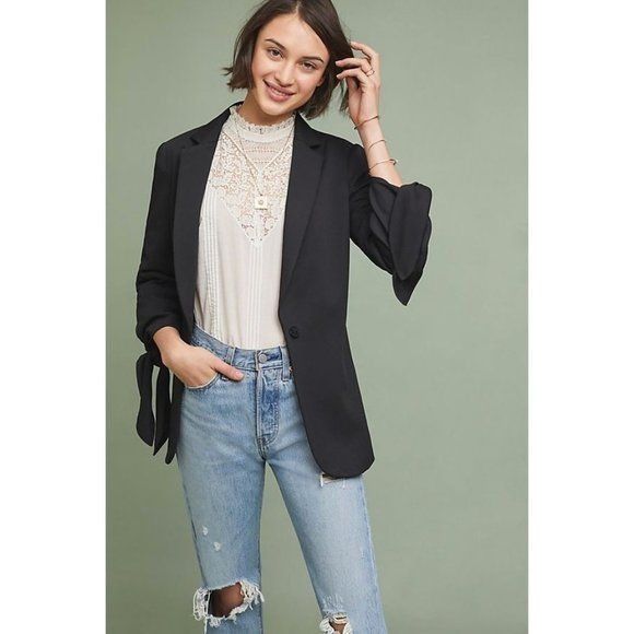 Anthropologie Cartonnier Black Tied-Sleeve Blazer Size XS / US 0-2 / IT 36-38 - 2 Thumbnail