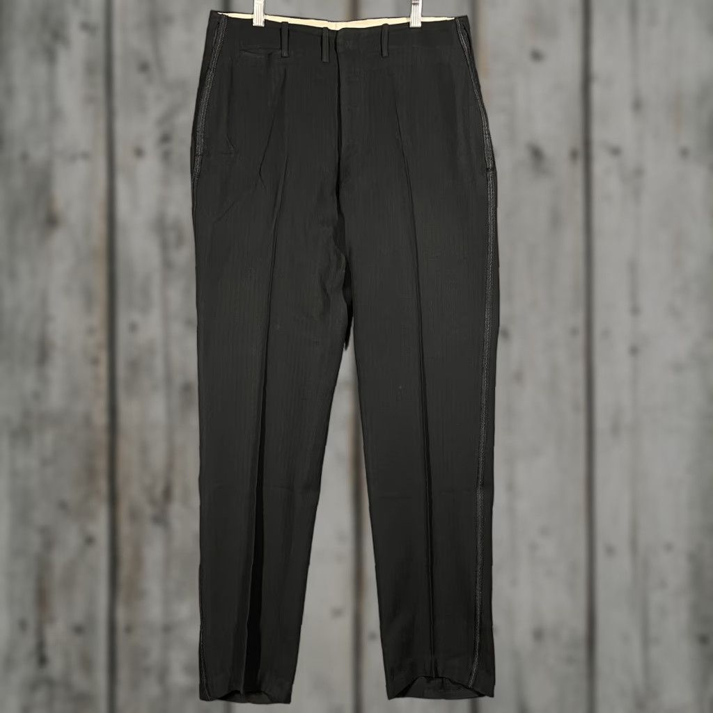 Vintage Bespoke 1920s Black Wool Tuxedo Trousers Sz 31x31 Vtg Peg/Tapered Button Fly Edwardian Look Art Deco Straight Leg Men’s Size US 31 - 1 Thumbnail