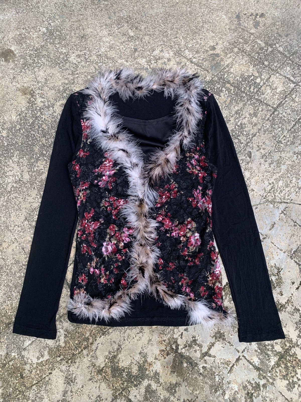 Japanese Brand y2k Unknown Fur Floral Trim Multicolor Longsleeve Mesh Top Size S / US 4 / IT 40 - 1 Thumbnail