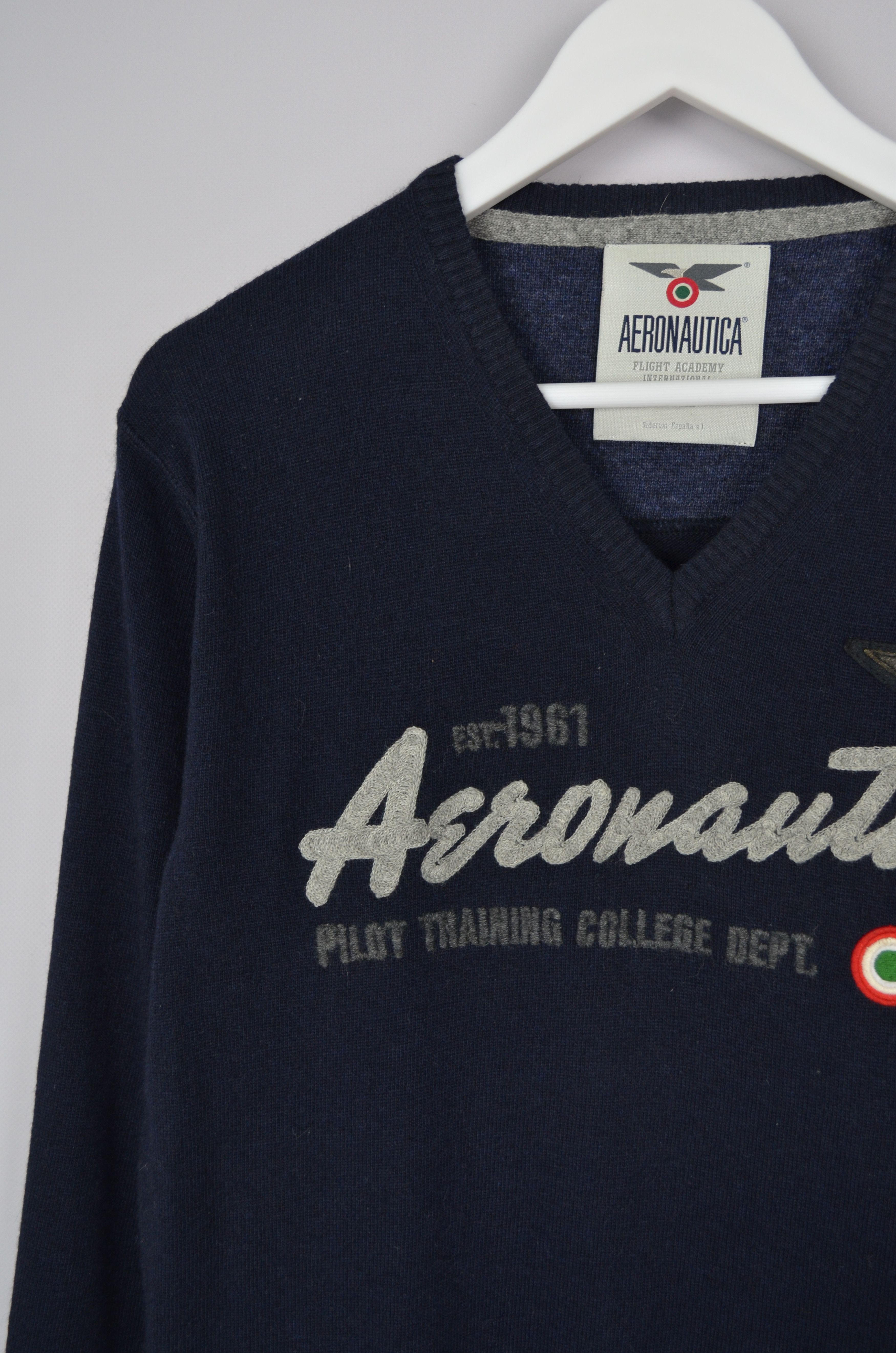 Aeronautica Militare × Designer Aeronautica Militare Wool Blend Navy V-Neck Sweater Jumper Size US L / EU 52-54 / 3 - 4 Thumbnail