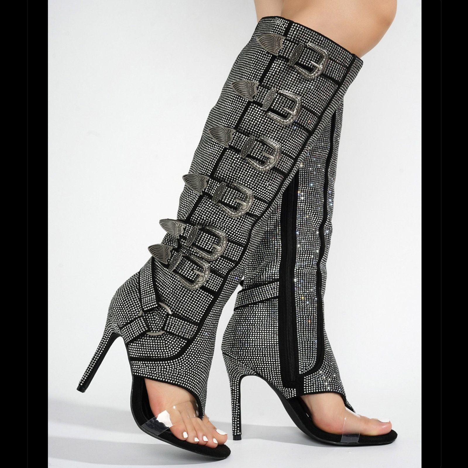 Other Motor City Black Silver Rhinestone Stiletto Heel Knee Boots Size US 8 / IT 38 - 1 Thumbnail