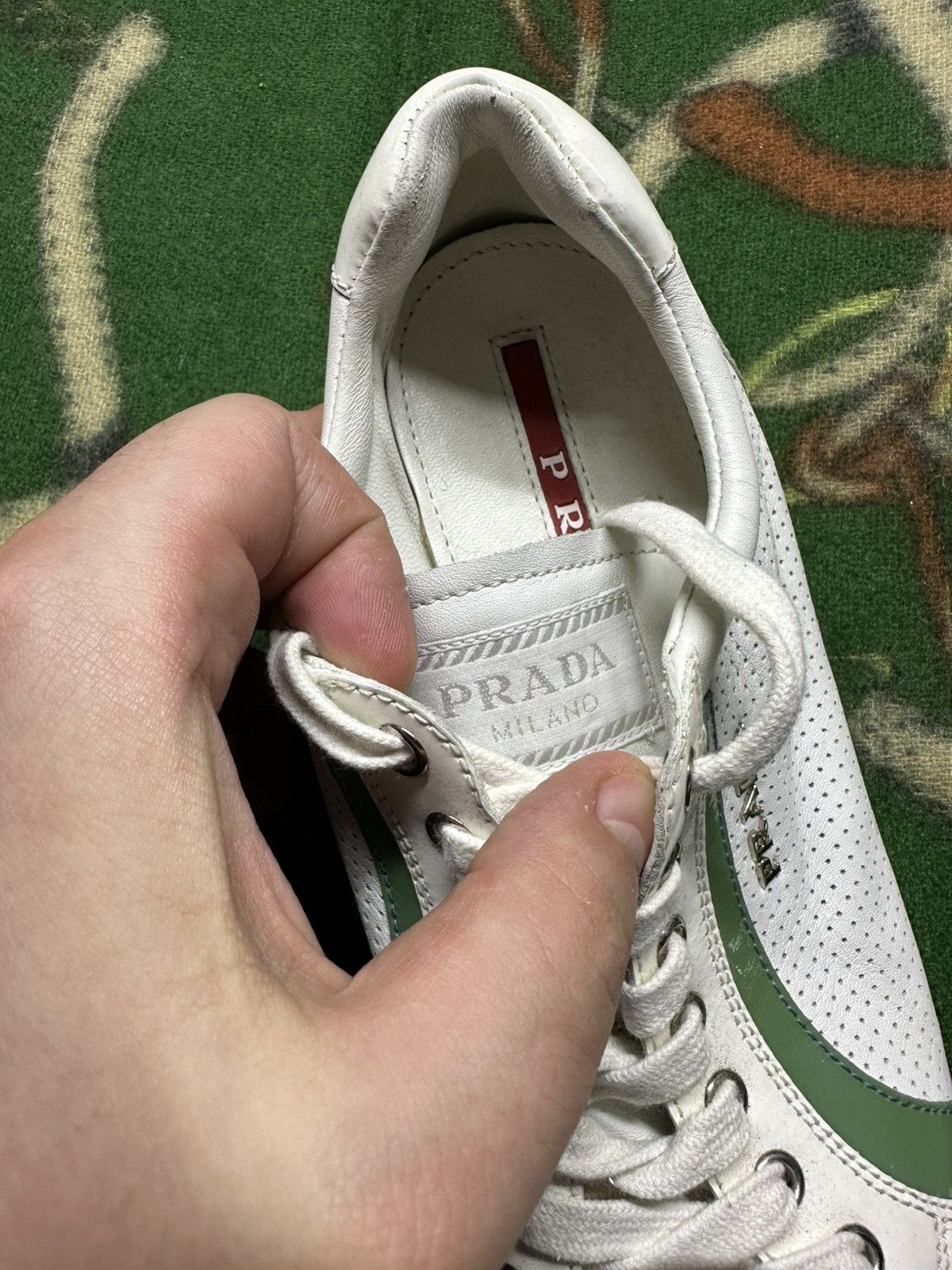Prada Prada Milano White Green Perforated Leather Sneakers 36,5 Size US 6.5 / IT 36.5 - 8 Thumbnail