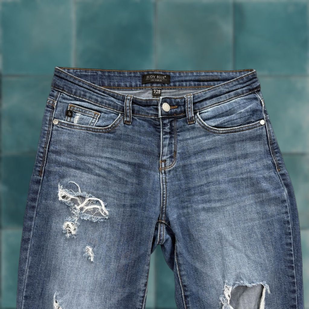 Denime Judy Blue Jeans Women 28 Distressed Stretch Denim Boyfriend Relaxed Mid Rise Blue 5-Pocket Zipper Button Pants Mens Womens Girls? Size 28" / US 6 / IT 42 - 1 Thumbnail
