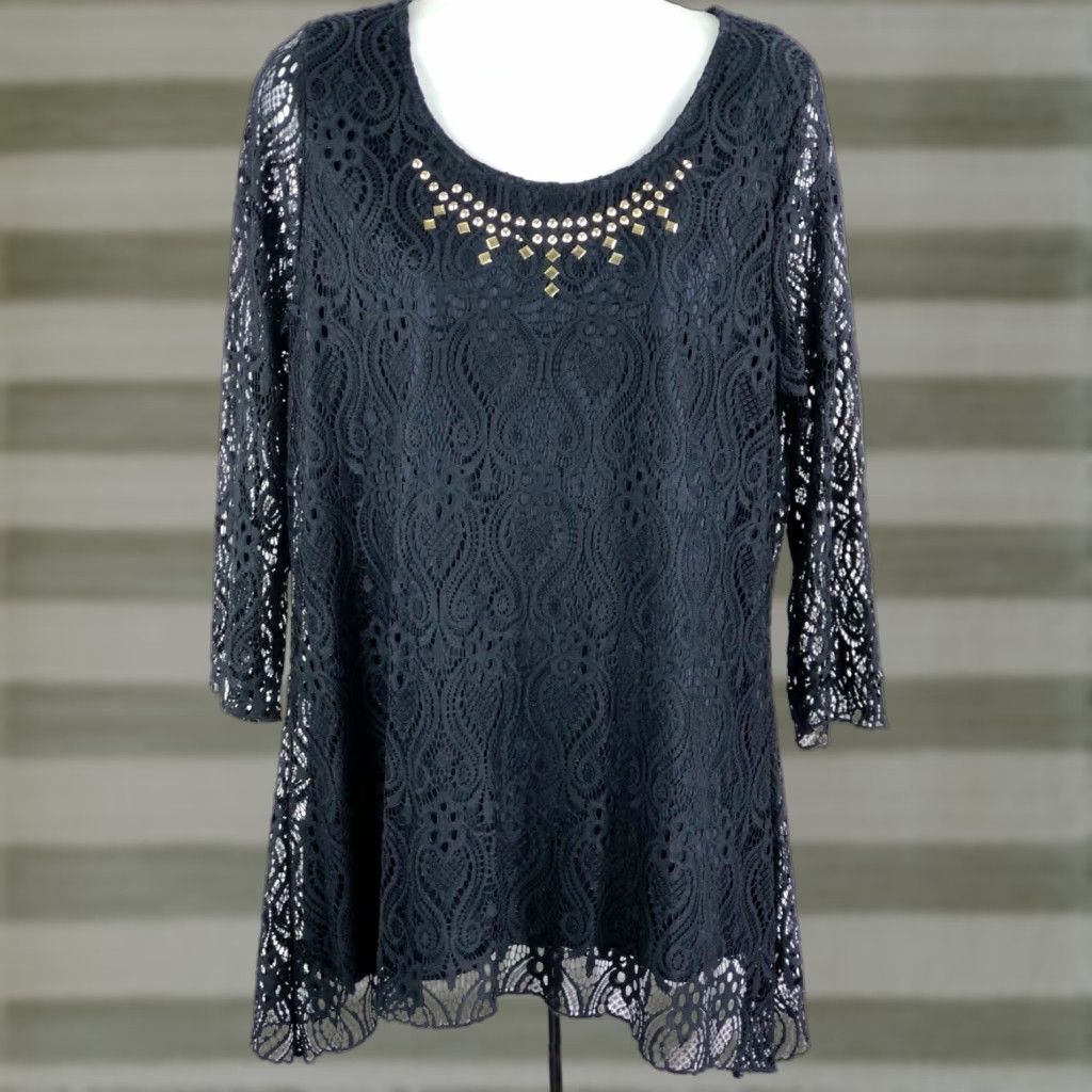 Vintage VINTAGE Lace top M Blue Beaded Crochet Asymmetrical Hem Whimsigoth Boho Fairy Grunge Shirt Womens Size M / US 6-8 / IT 42-44 - 1 Thumbnail