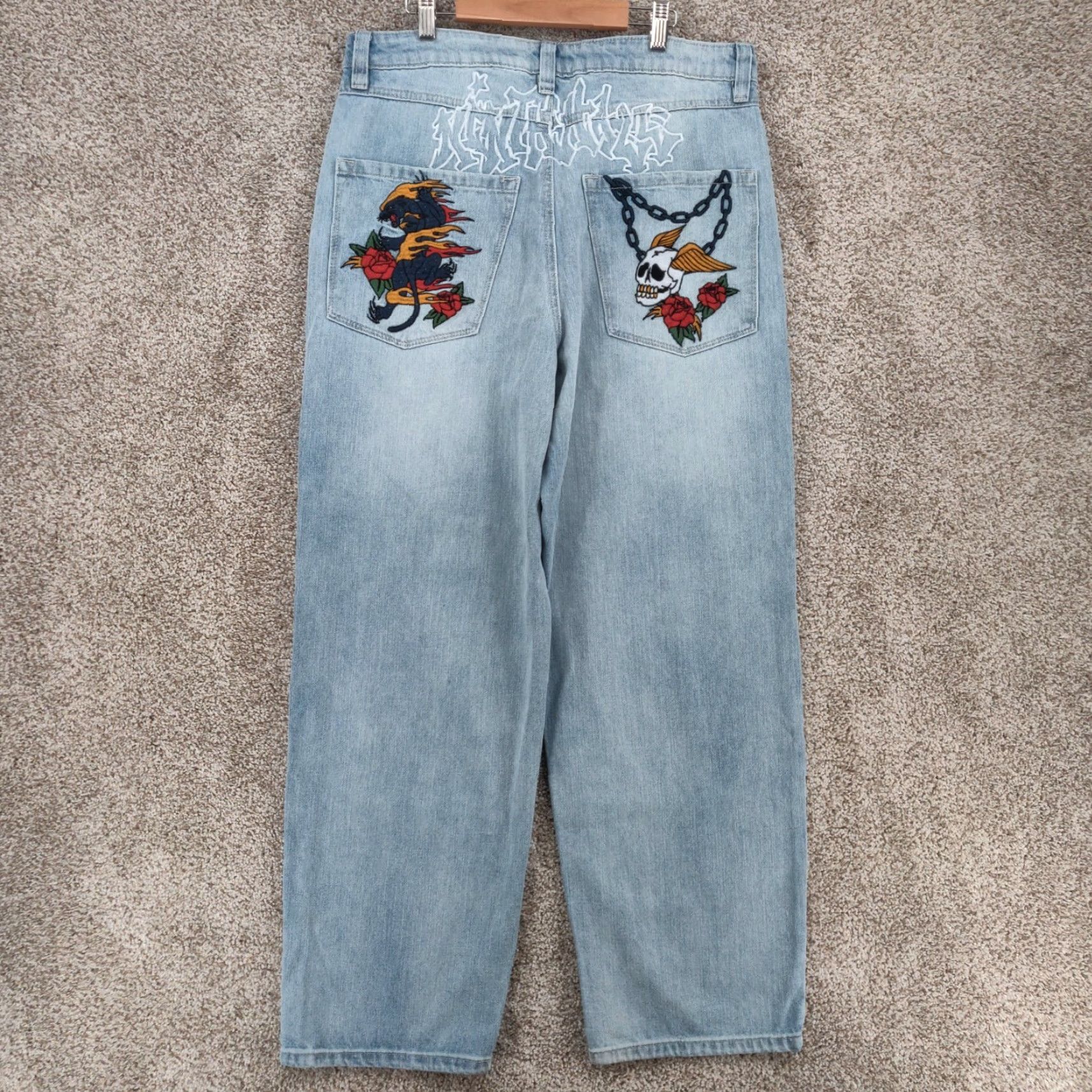Vintage Ninth Hall Jeans Mens 32x30 Blue Straight Leg Embroidered Skull Panther Denim Cotton Logo 5-Pocket Size US 32 / EU 48 - 2 Thumbnail
