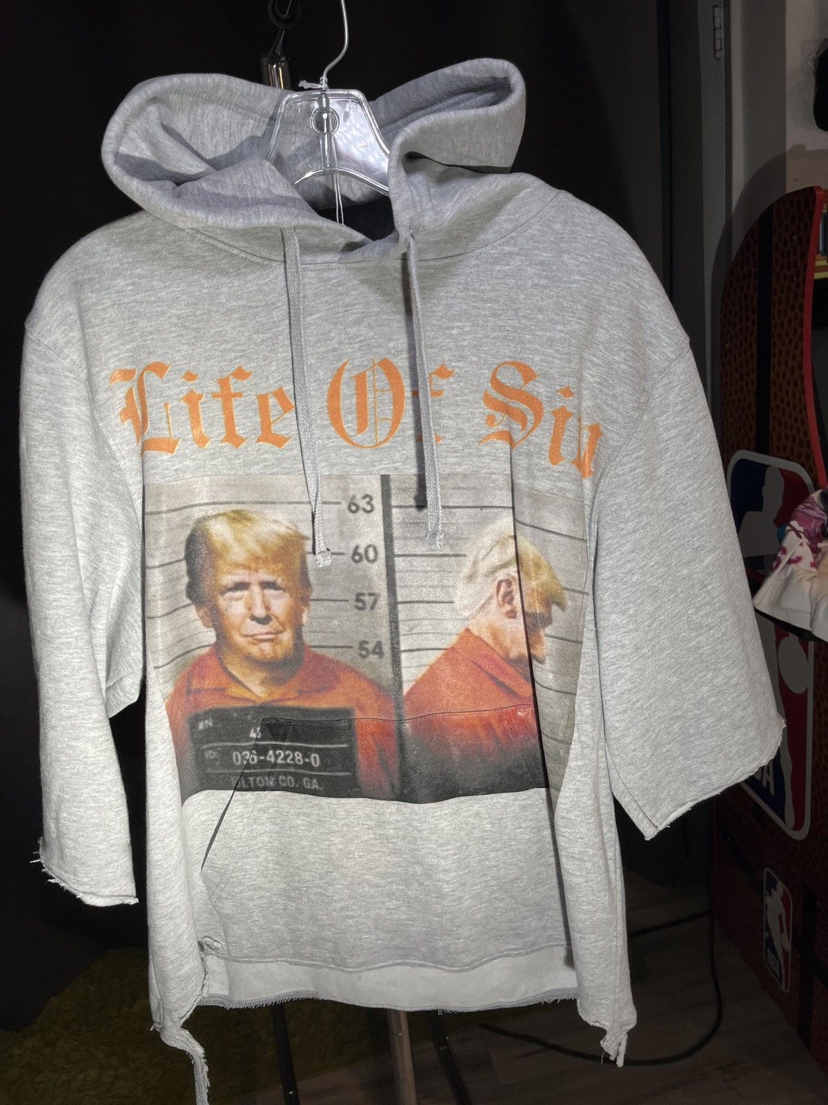 image of Life Of Sin Cut Off Trump Hoodie in Grey, Men's (Size Small)