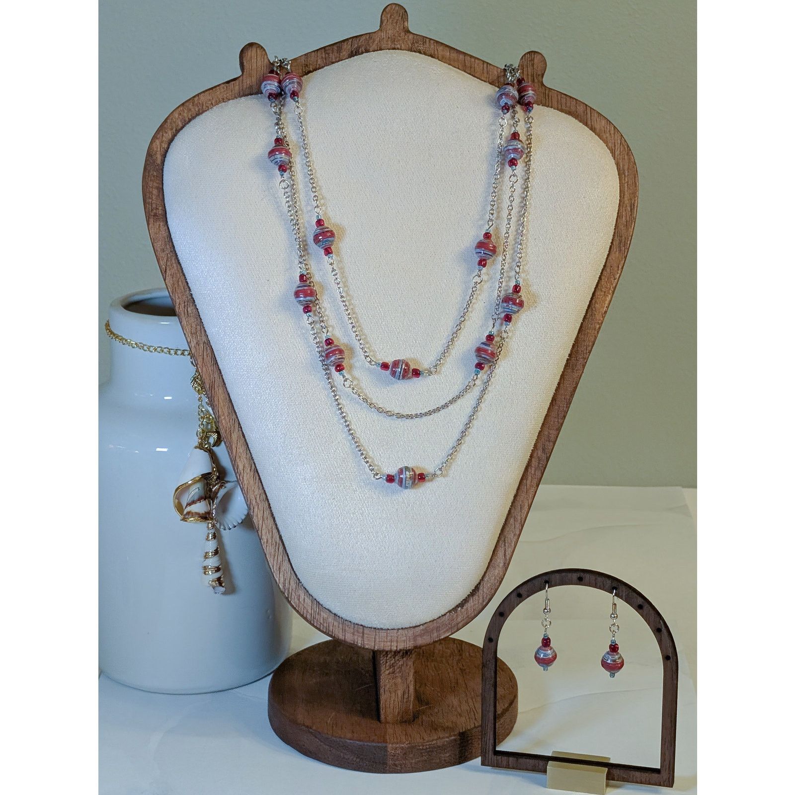 Vintage VTG 1980s 3-Strand Beaded Station Chain & Matching Earrings Size ONE SIZE - 1 Thumbnail