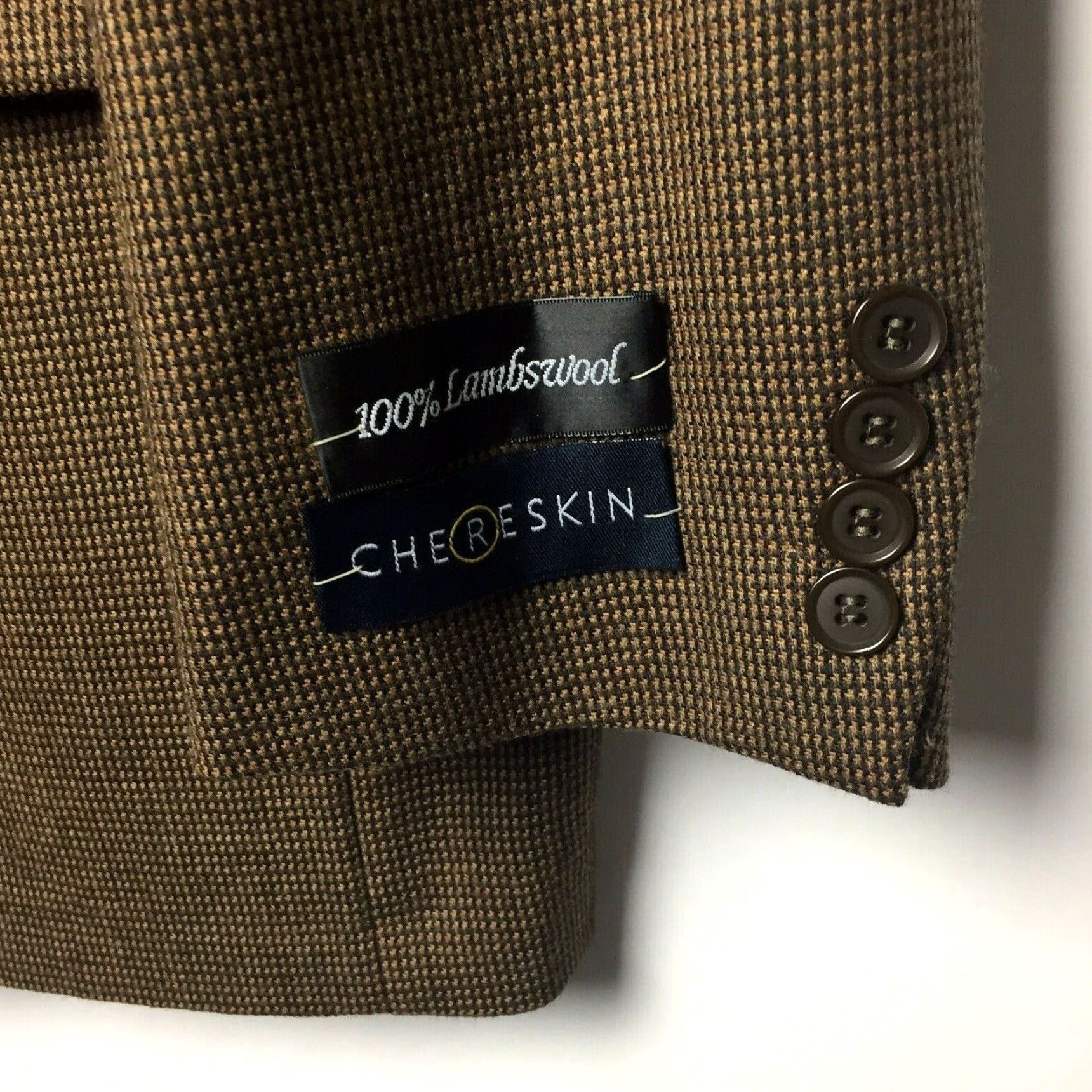 Vintage Chereskin Blazer Mens Size 44 Brown Houndstooth 2-Button Lambswool, Single-Breasted Jacket, Notch Lapel, Regular Length, Wool Coat, Mens Size 44R - 7 Thumbnail